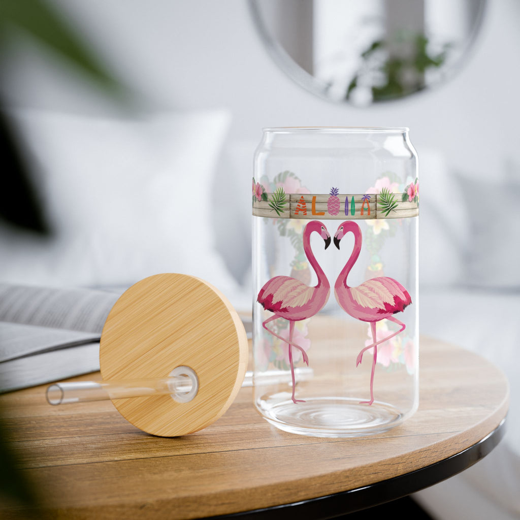 Flamingo Floral Sipper Glass — 16oz Tropical Drink Jar with Straw