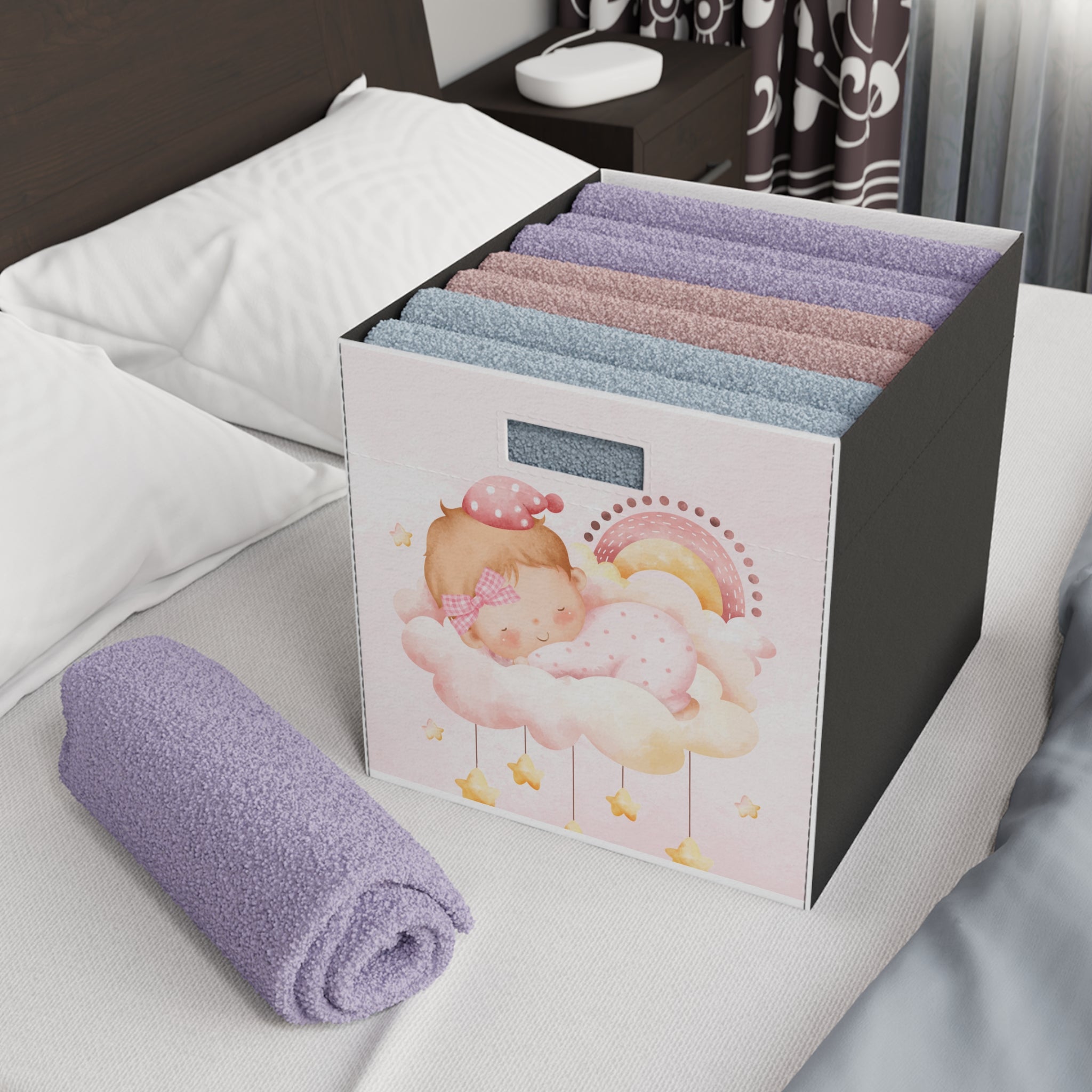 Baby Girl Nursery Felt Storage Box – Pink Sleeping Cloud Organizer