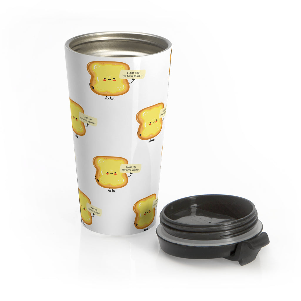 Cute Toast Stainless Steel Travel Mug — Kawaii Bread Pattern, "I Love You A Lottle" Coffee Tumbler