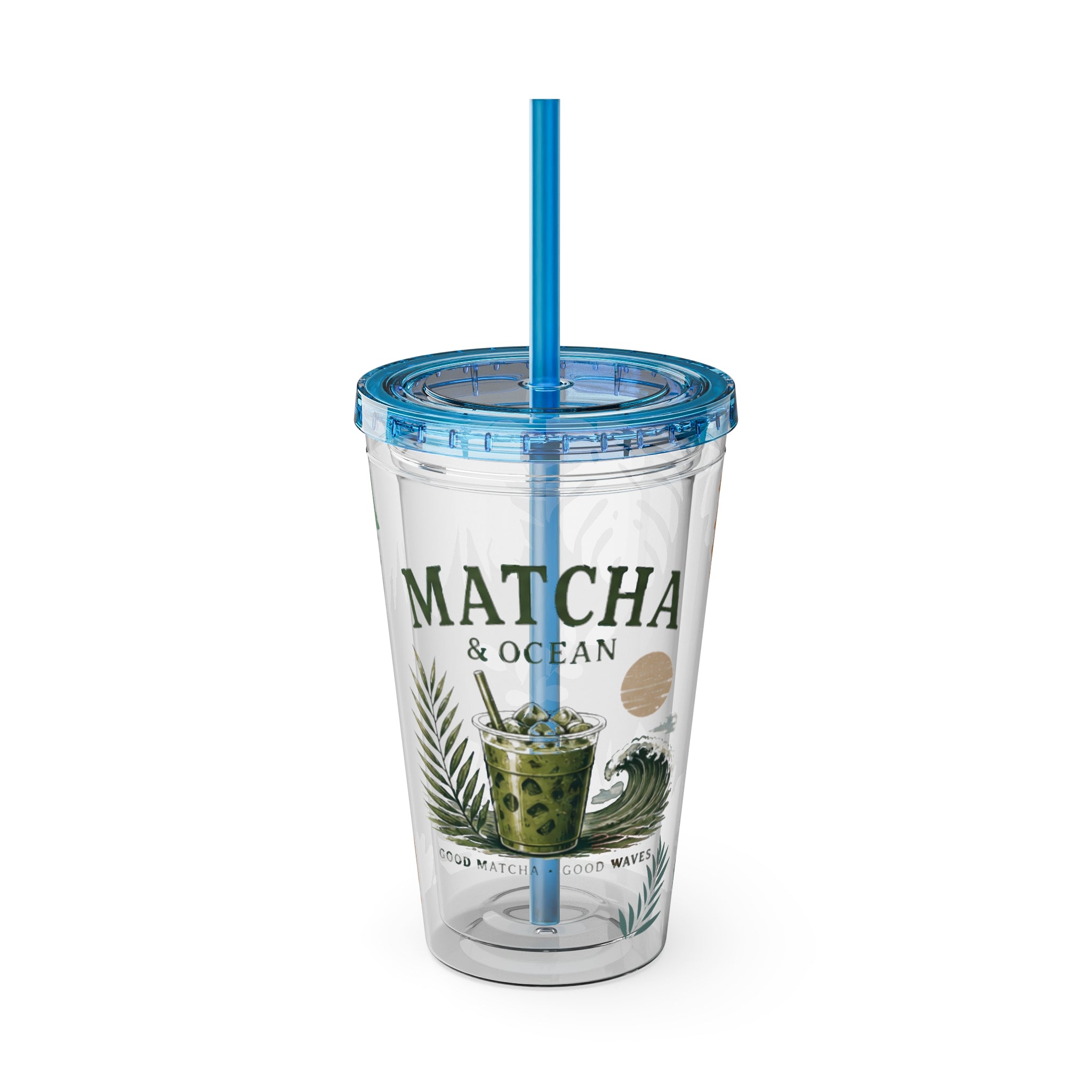 Matcha & Ocean 16oz Tumbler with Straw — Tropical Leaf Sunsplash Design