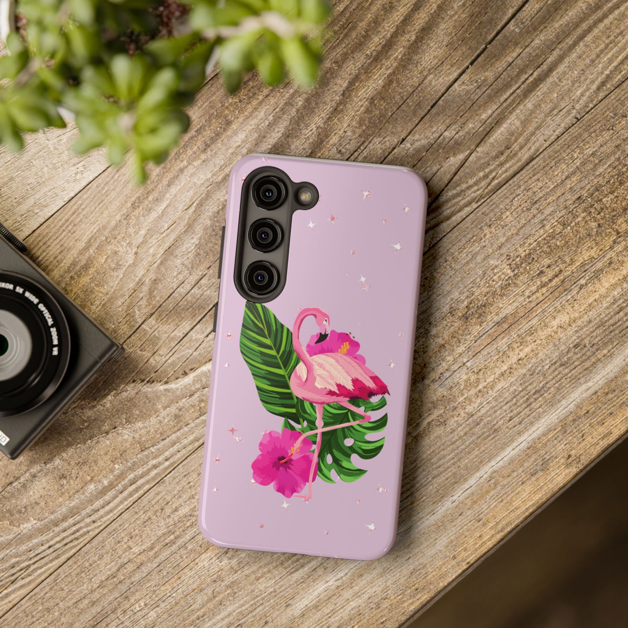 Flamingo Tropical Tough Phone Case — Pink Hibiscus & Palm Leaves