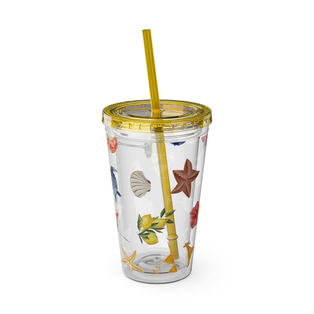 16oz Sunsplash Tumbler with Straw — Beach Shell & Tropical Watercolor Pattern