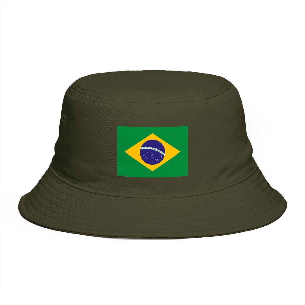 Brazil Flag Bucket Hat — Brown Cotton Sun Hat with Brazilian Flag Patch