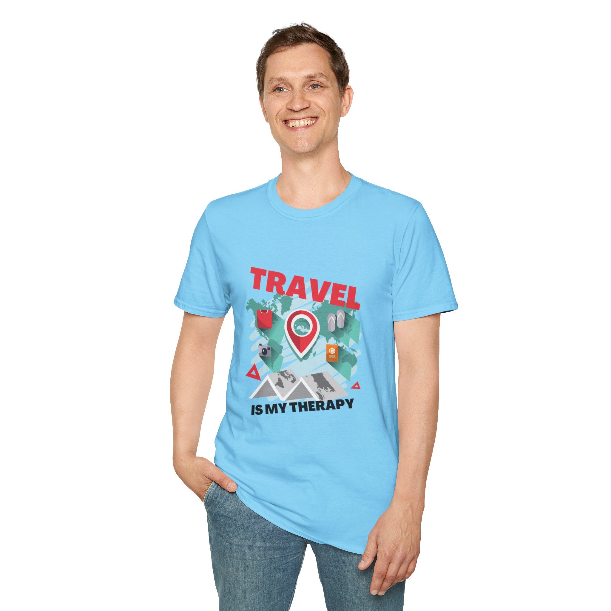 Travel Is My Therapy T-Shirt — Wanderlust Map Tee for Travelers & Adventure Lovers