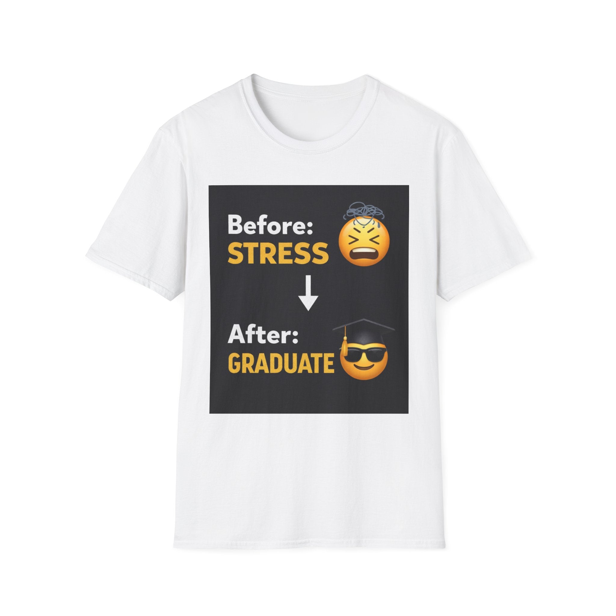 Graduation Emoji T-Shirt - "Before: STRESS → After: GRADUATE" Funny Grad Shirt