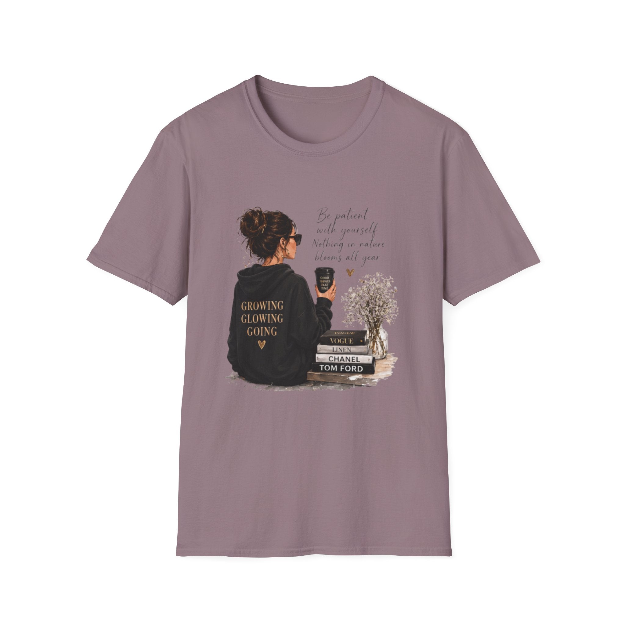 Cozy Reading Girl T-Shirt — "Growing, Glowing, Going" Literary Graphic Tee