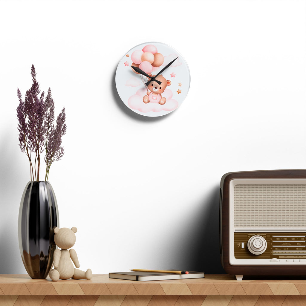 Baby Bear Balloon Acrylic Wall Clock — Cute Nursery Decor