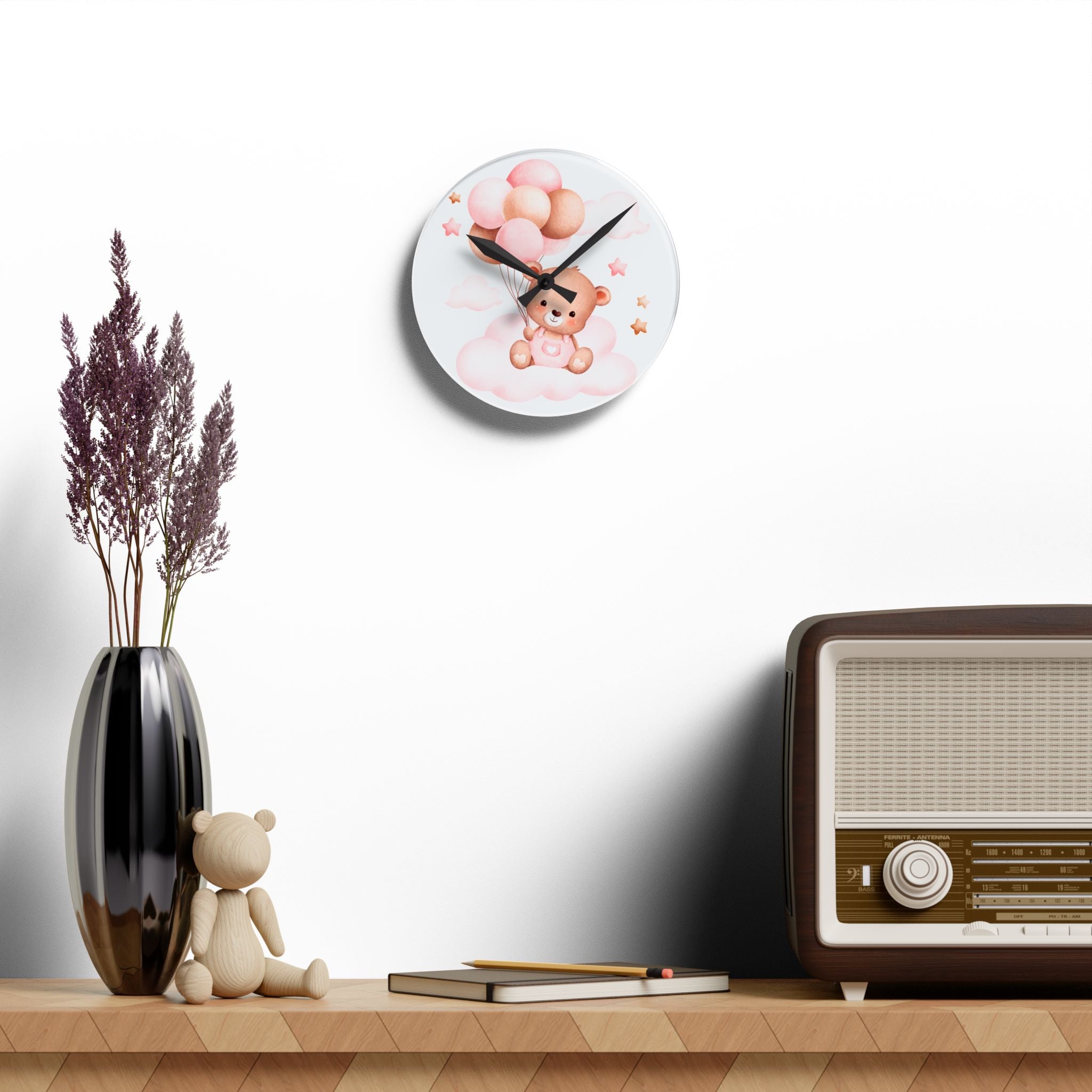 Baby Bear Balloon Acrylic Wall Clock — Cute Nursery Decor
