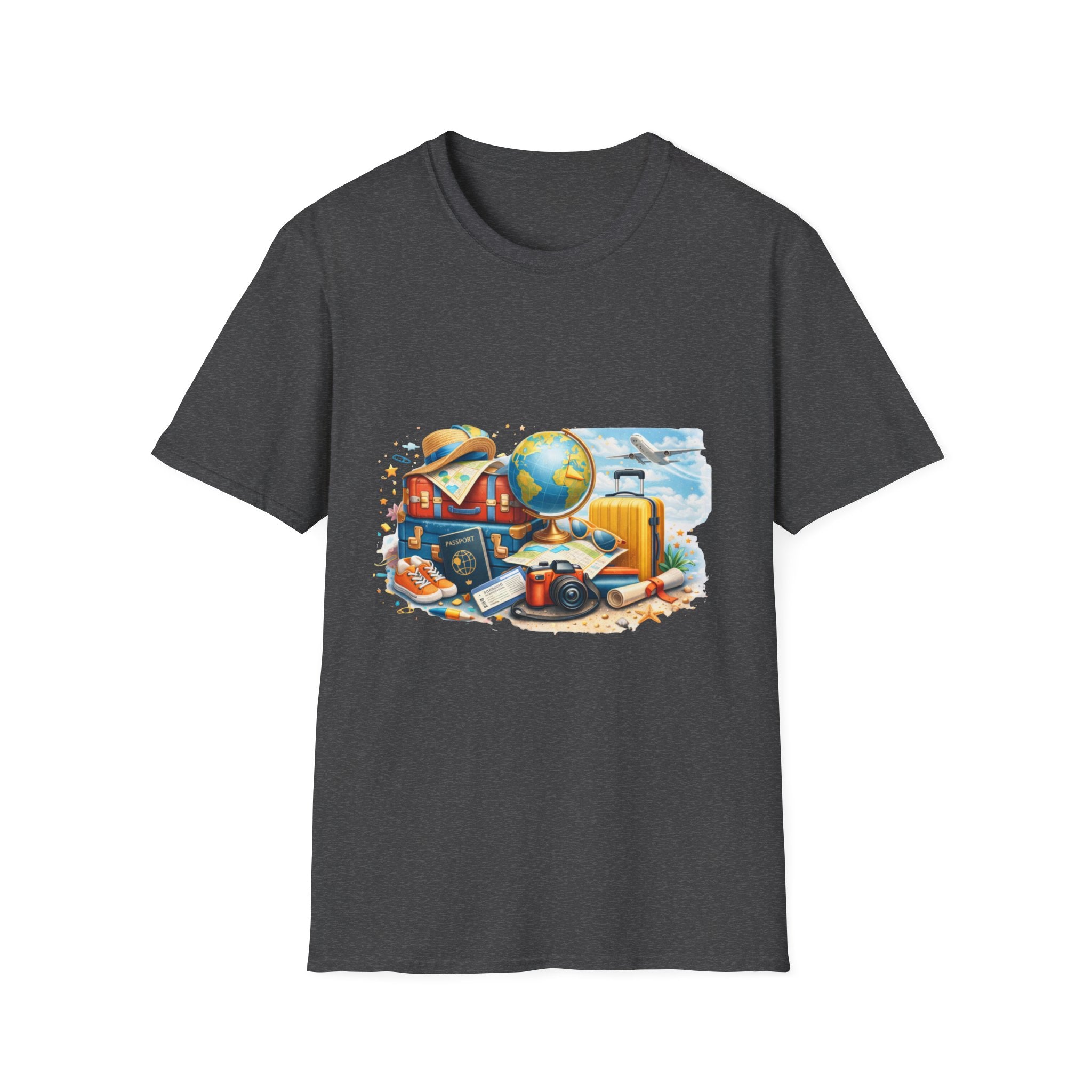 Travel Vibes T-Shirt — Retro Luggage, Globe & Camera Design