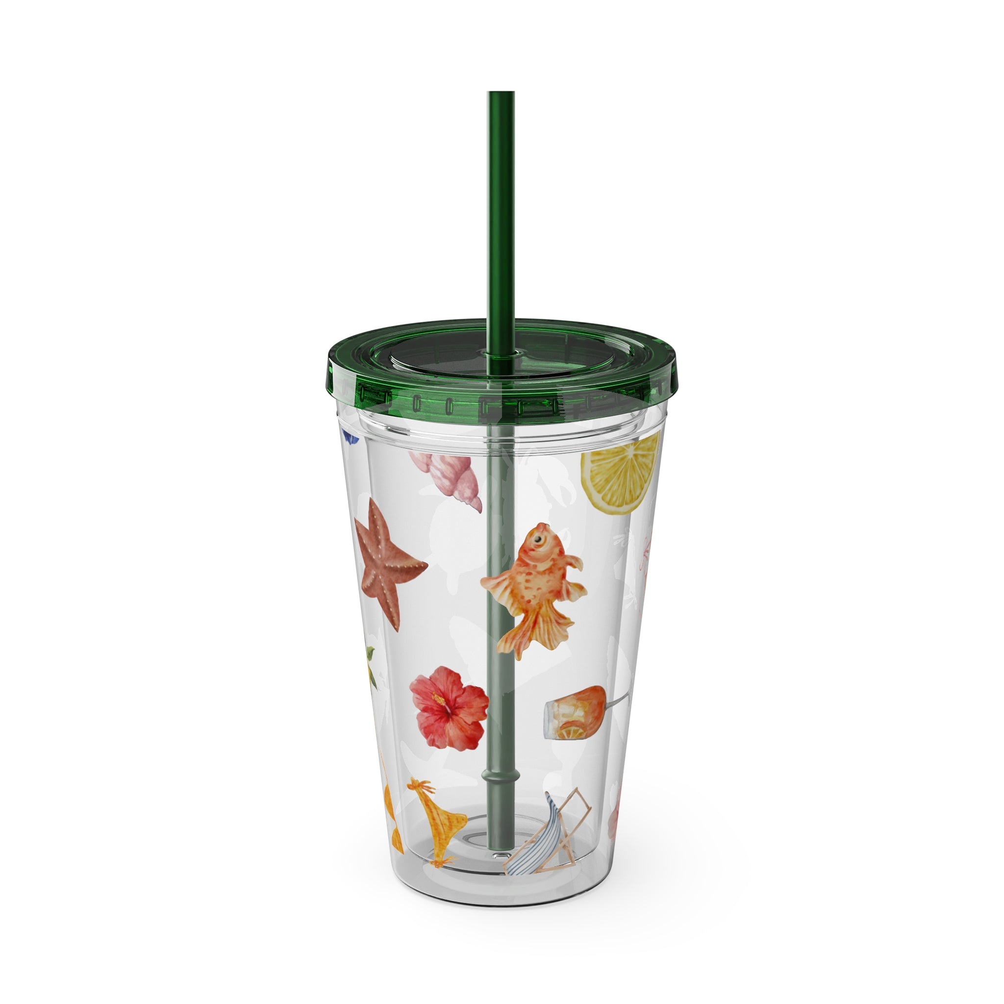 16oz Sunsplash Tumbler with Straw — Beach Shell & Tropical Watercolor Pattern