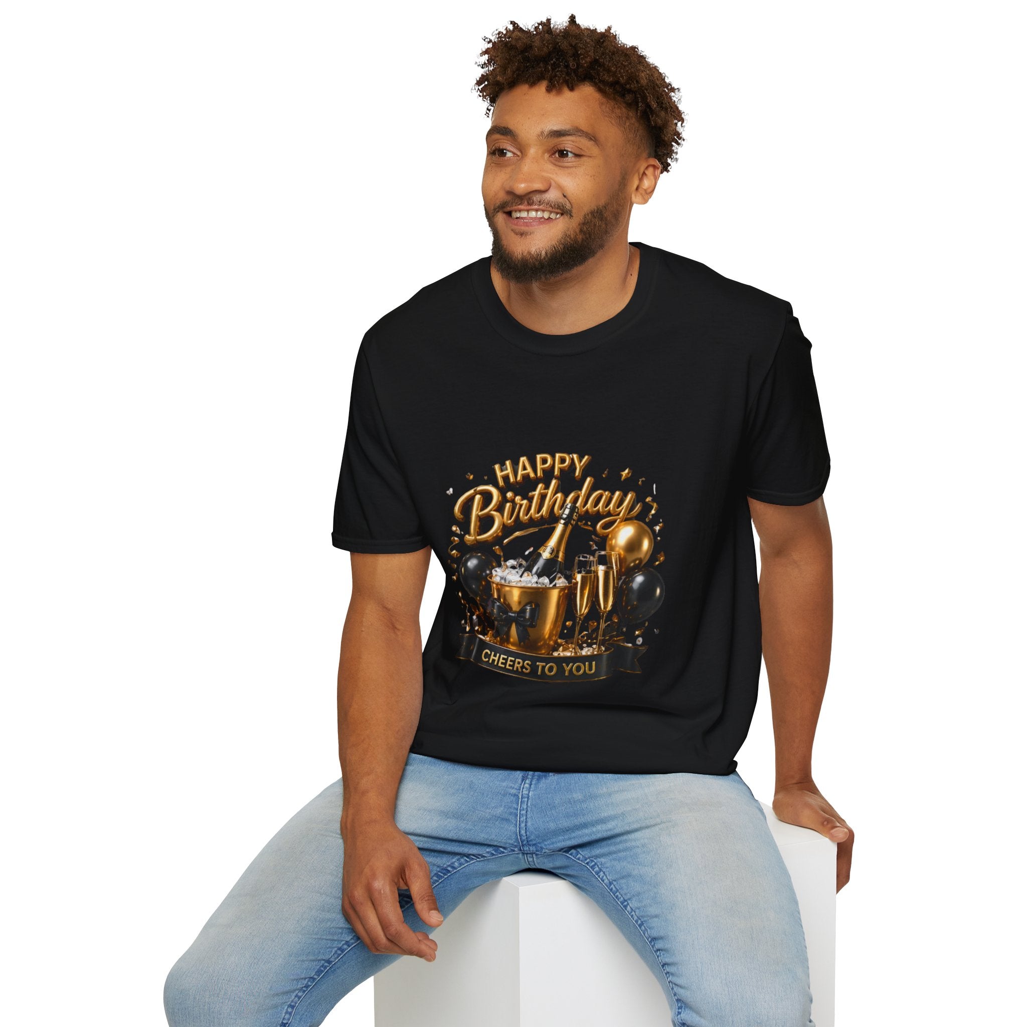 Birthday Cheers T-Shirt — "Happy Birthday" Champagne & Balloons Design