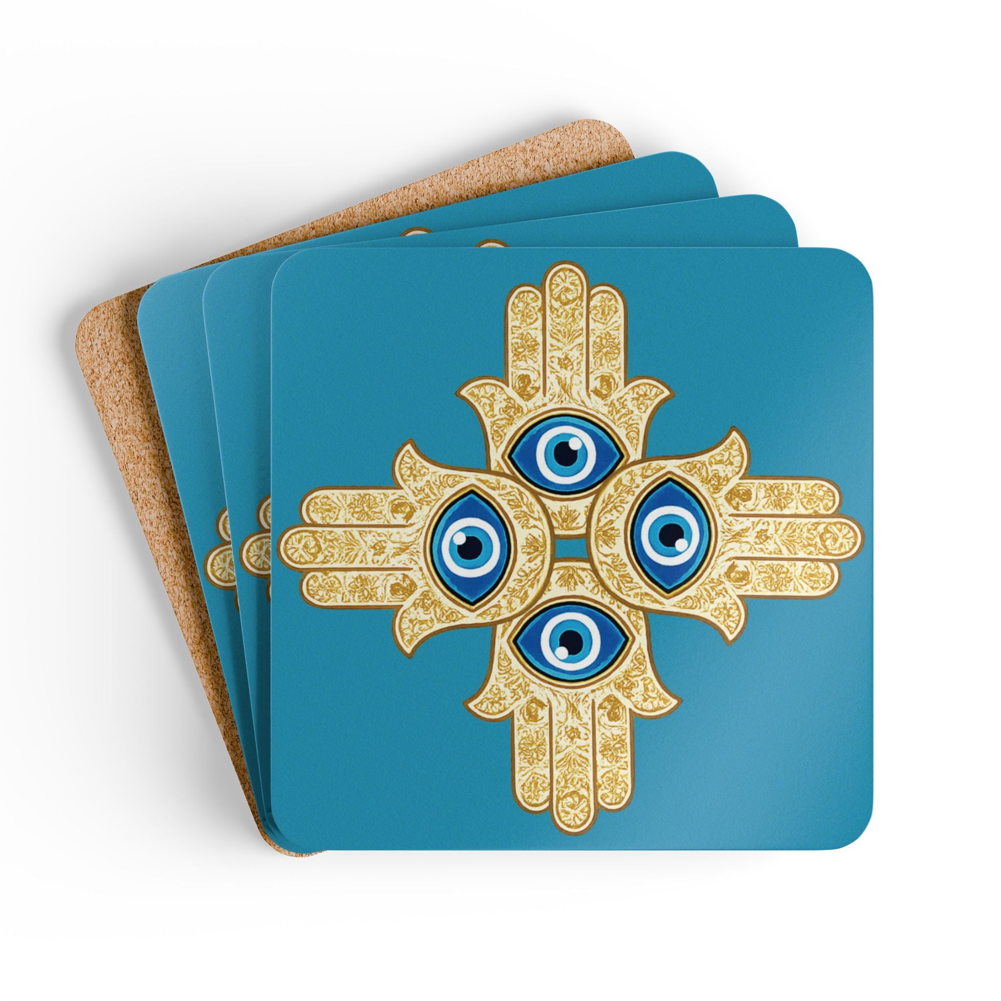 Evil Eye Mandala Cork Coaster Set – Protective Blue Hamsa Drink Coasters (4-Pack)