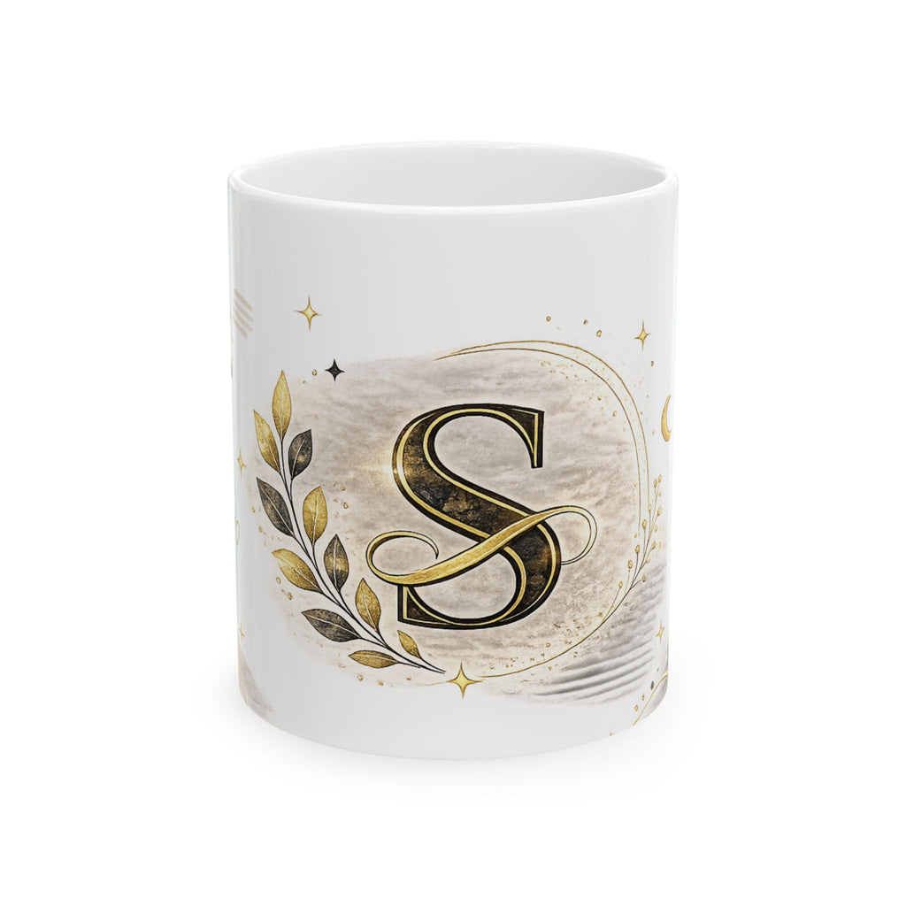 Monogram S Ceramic Mug – Elegant Gold Initial Coffee Cup