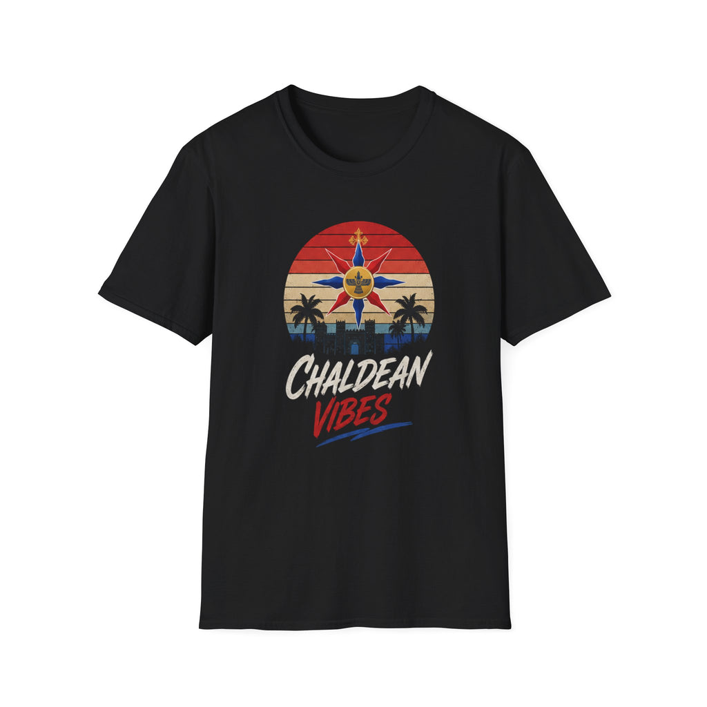 Chaldean Vibes Retro Sun T-Shirt – Assyrian Star & Palm Beach Tee