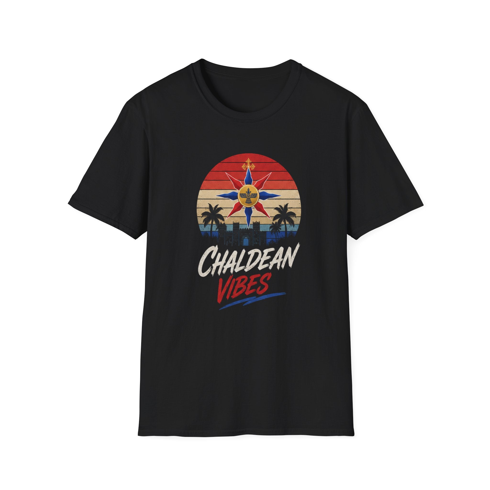 Chaldean Vibes Retro Sun T-Shirt – Assyrian Star & Palm Beach Tee