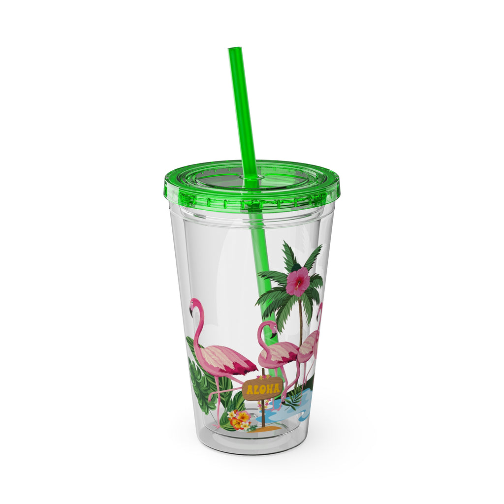 Flamingo Palm Tumbler — 16oz Sunsplash Straw Cup