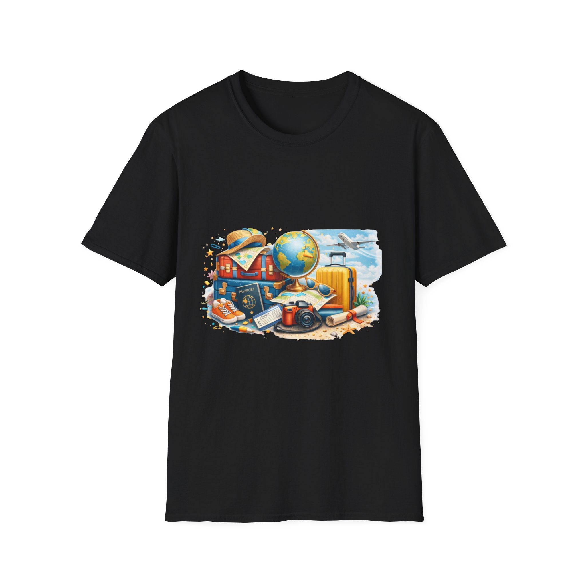 Travel Vibes T-Shirt — Retro Luggage, Globe & Camera Design
