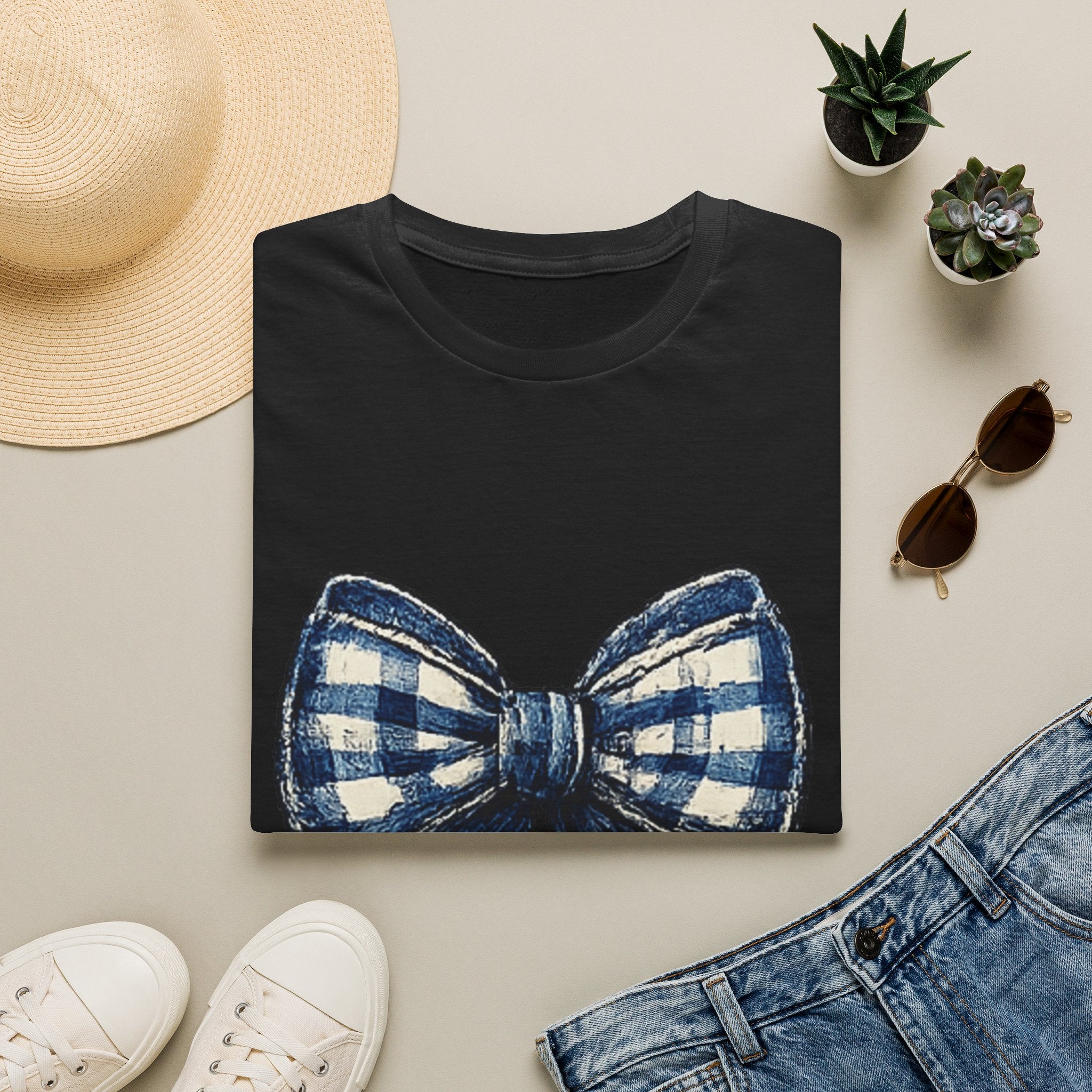 Bow Graphic T-Shirt — Blue Plaid Bow Design