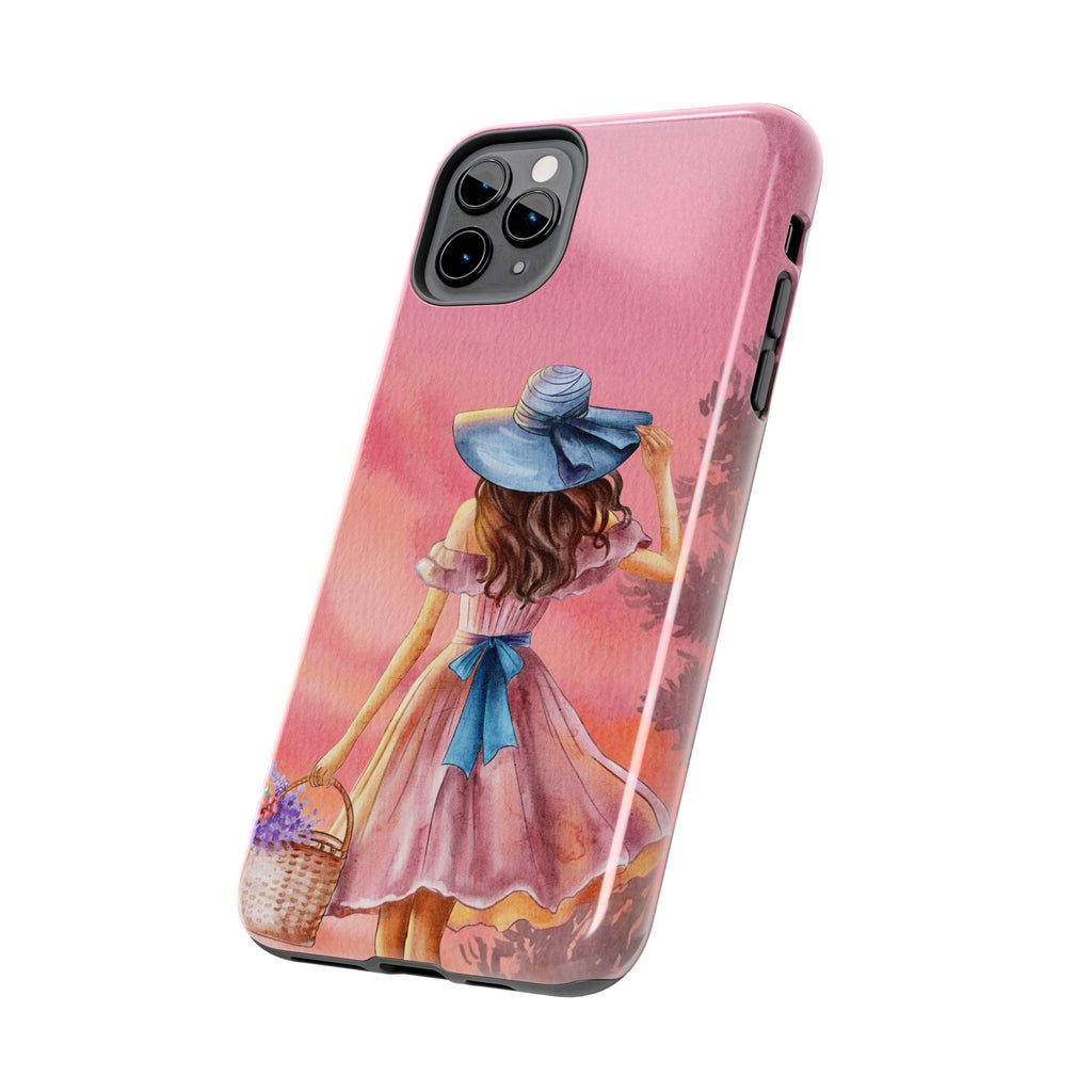 Pastel Picnic Girl Phone Case — Protective Tough Phone Case with Watercolor Sunset Design
