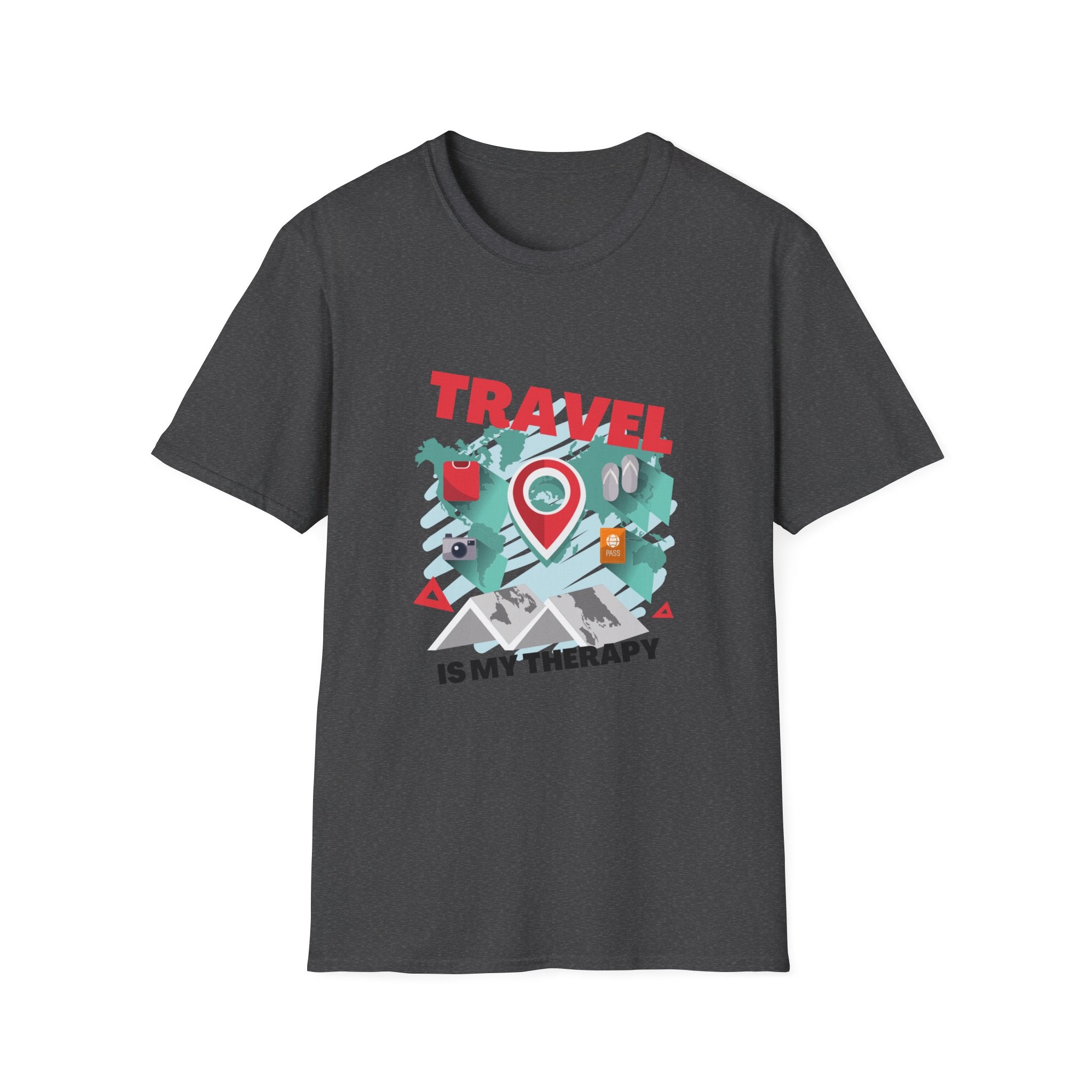 Travel Is My Therapy T-Shirt — Wanderlust Map Tee for Travelers & Adventure Lovers