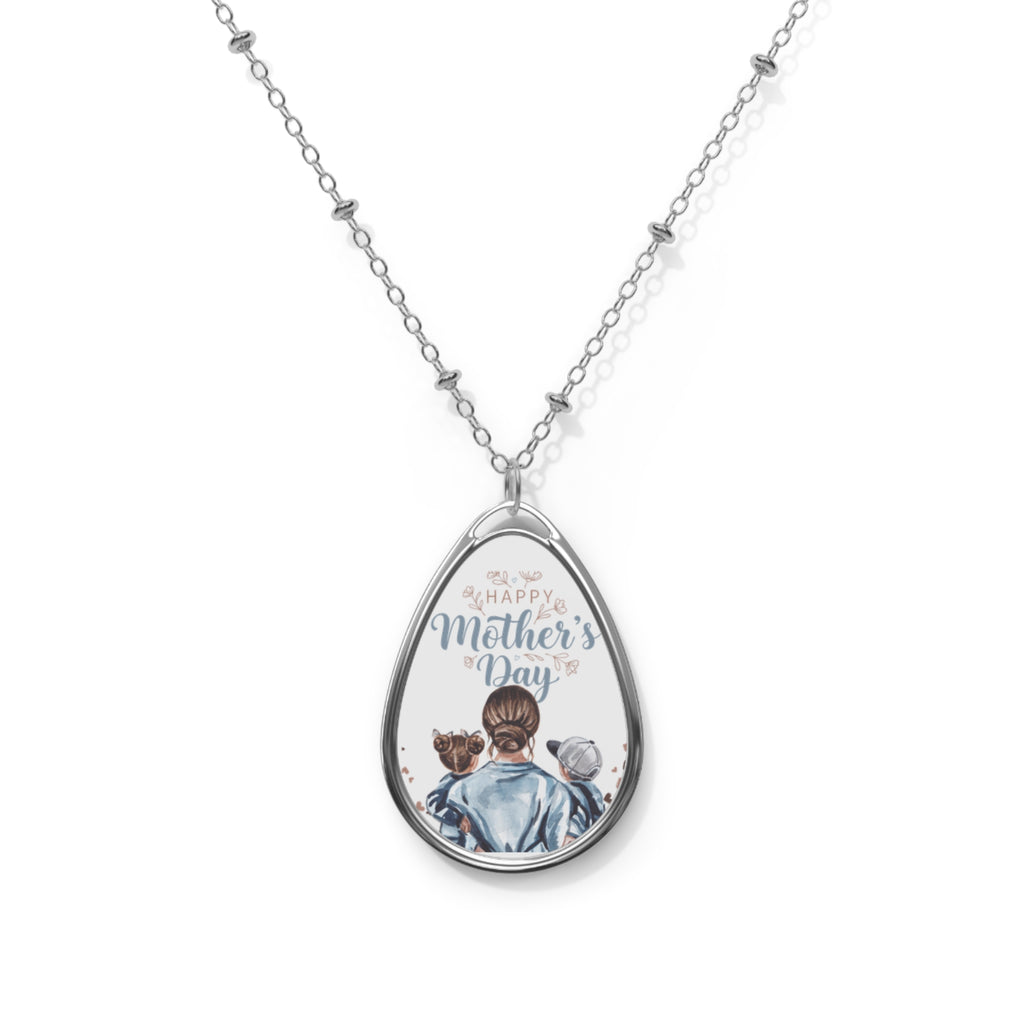 Mother’s Day Oval Necklace – Engraved Teardrop Pendant with Mom & Kids Illustration