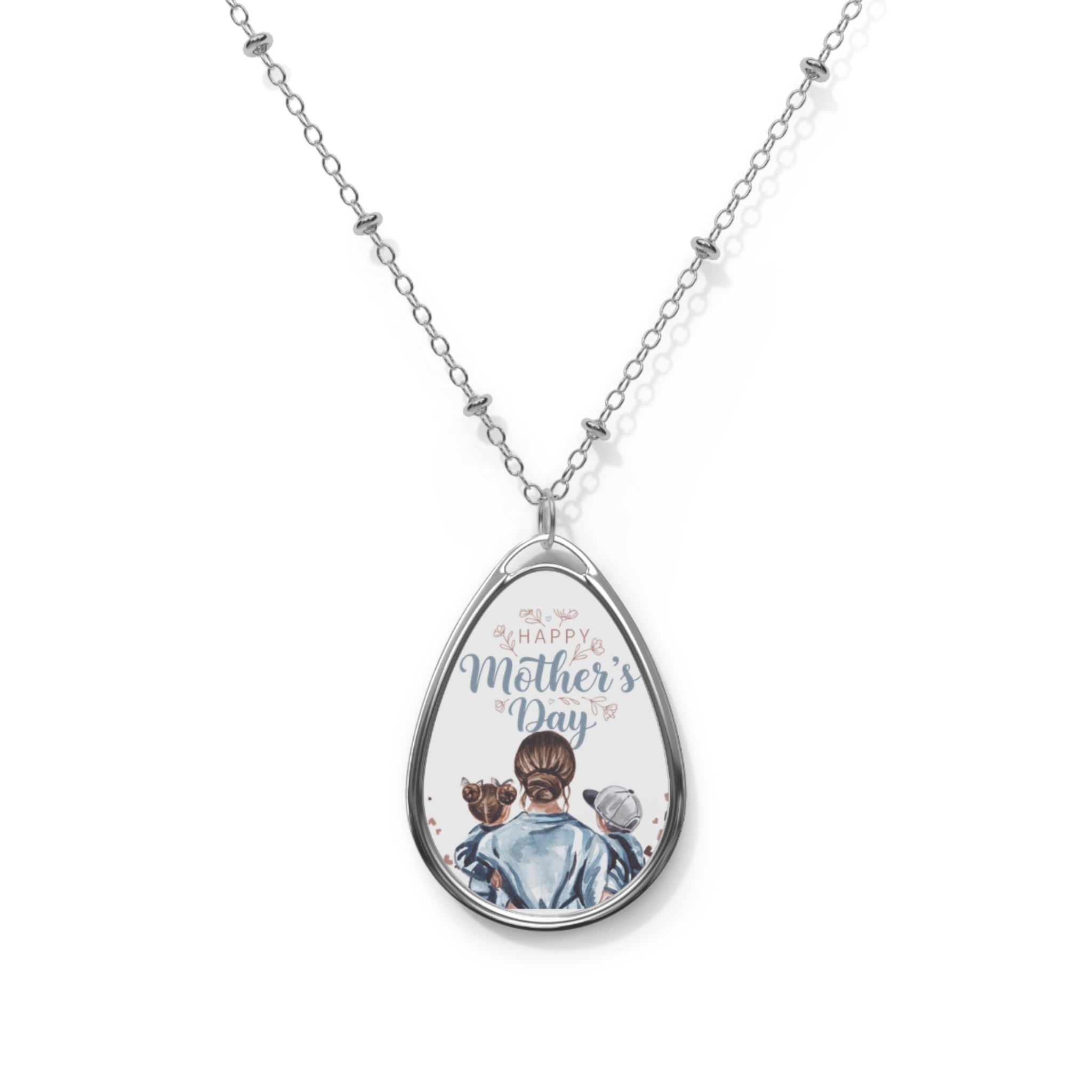 Mother’s Day Oval Necklace – Engraved Teardrop Pendant with Mom & Kids Illustration