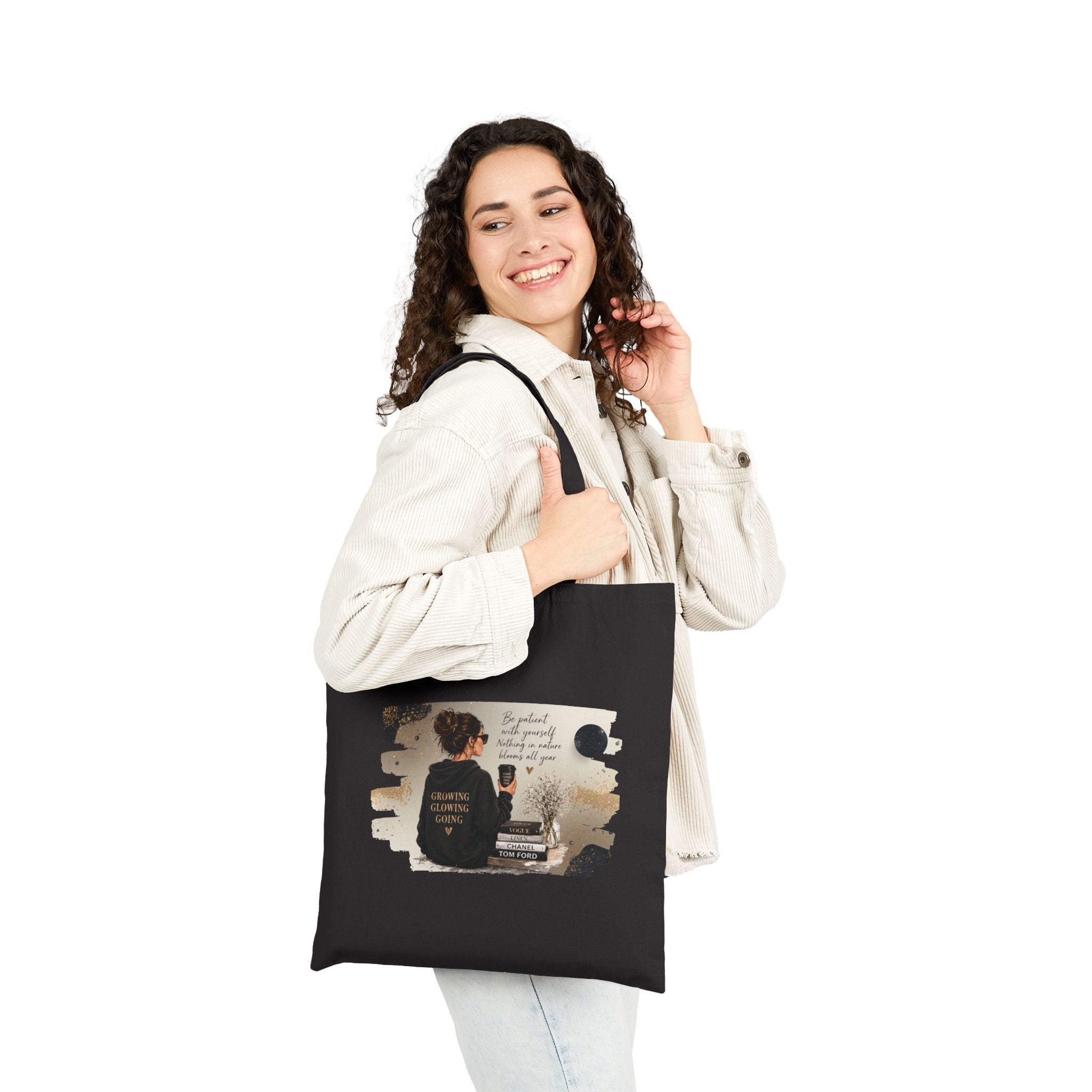 Canvas Tote Bag — 'Be Patient. Be Good to Your People' Cozy Coffee Shop Illustration