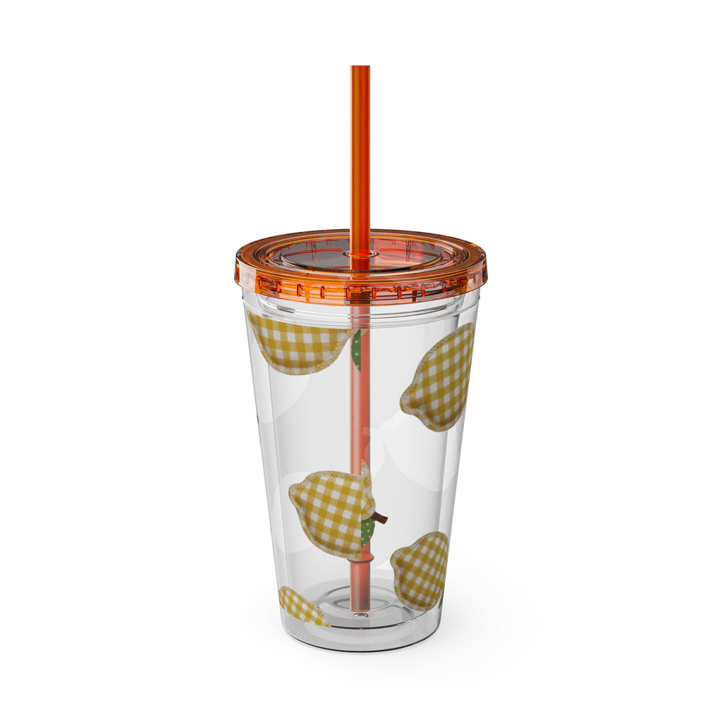 Gingham Pear Sunsplash Tumbler, 16oz Clear Travel Cup with Straw