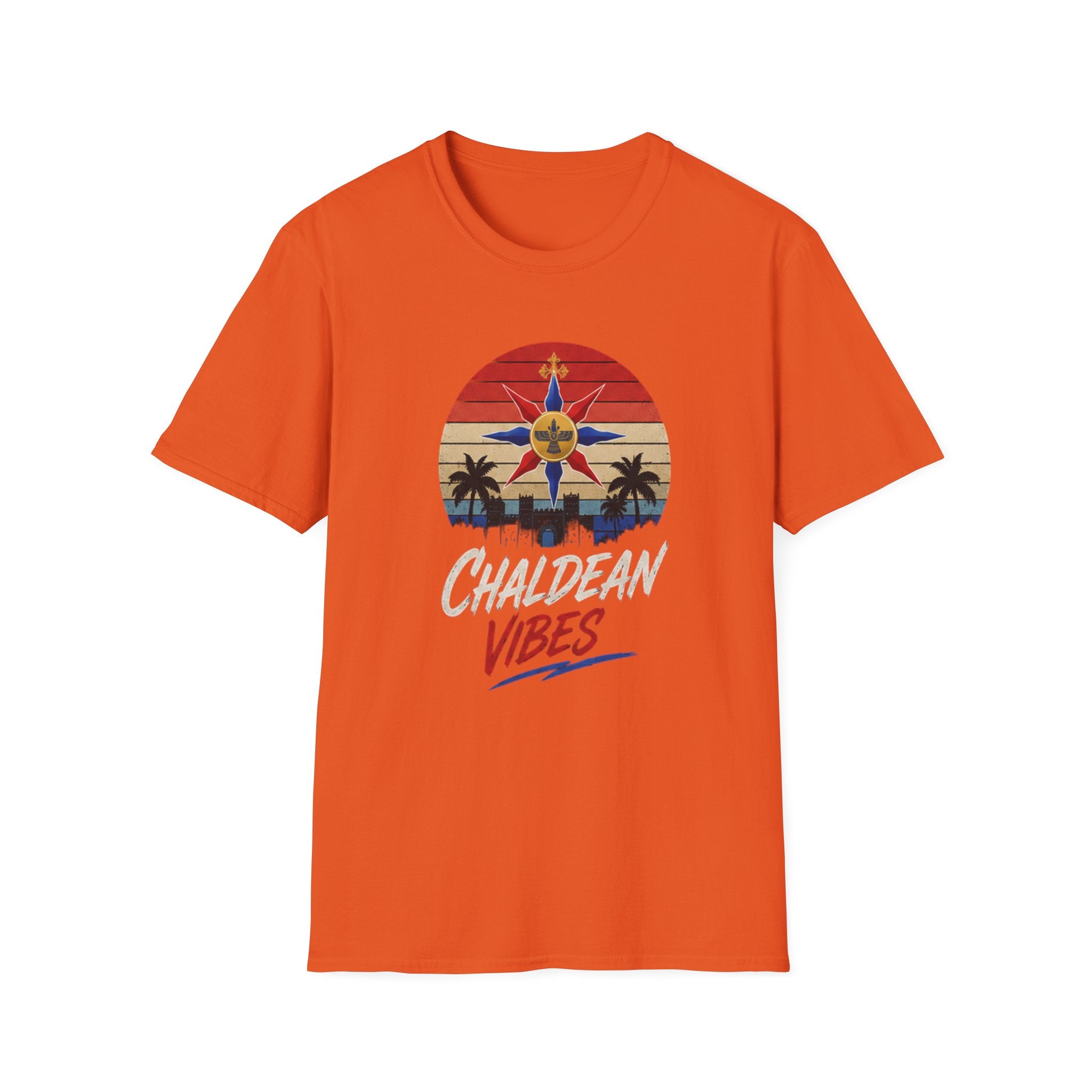 Chaldean Vibes Retro Sun T-Shirt – Assyrian Star & Palm Beach Tee