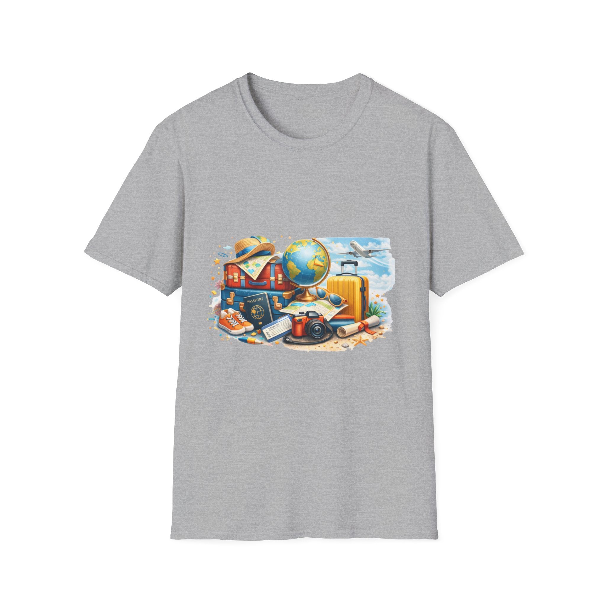 Travel Vibes T-Shirt — Retro Luggage, Globe & Camera Design