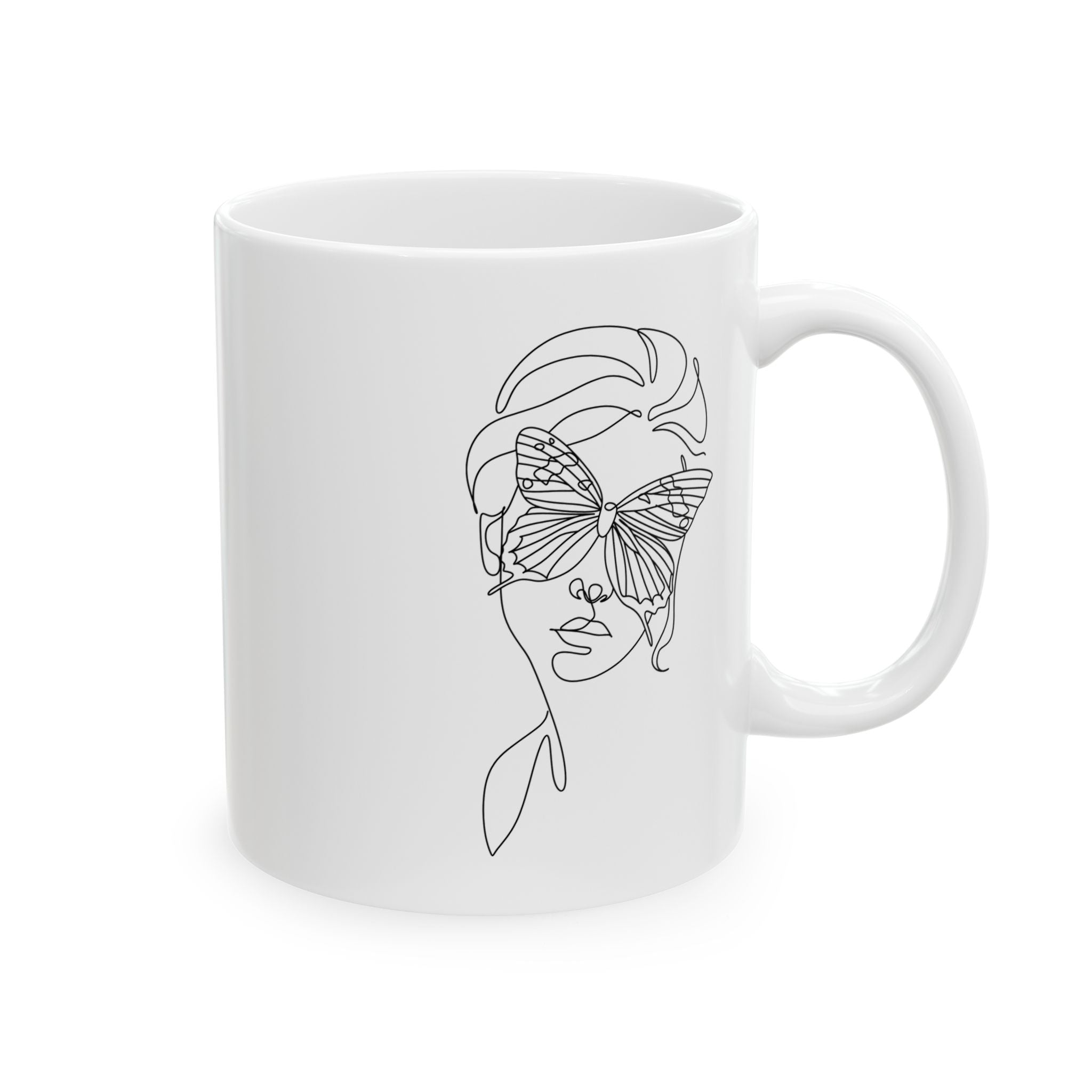 Butterfly Face Ceramic Mug (11oz/15oz) – Feminine Line Art Coffee Cup
