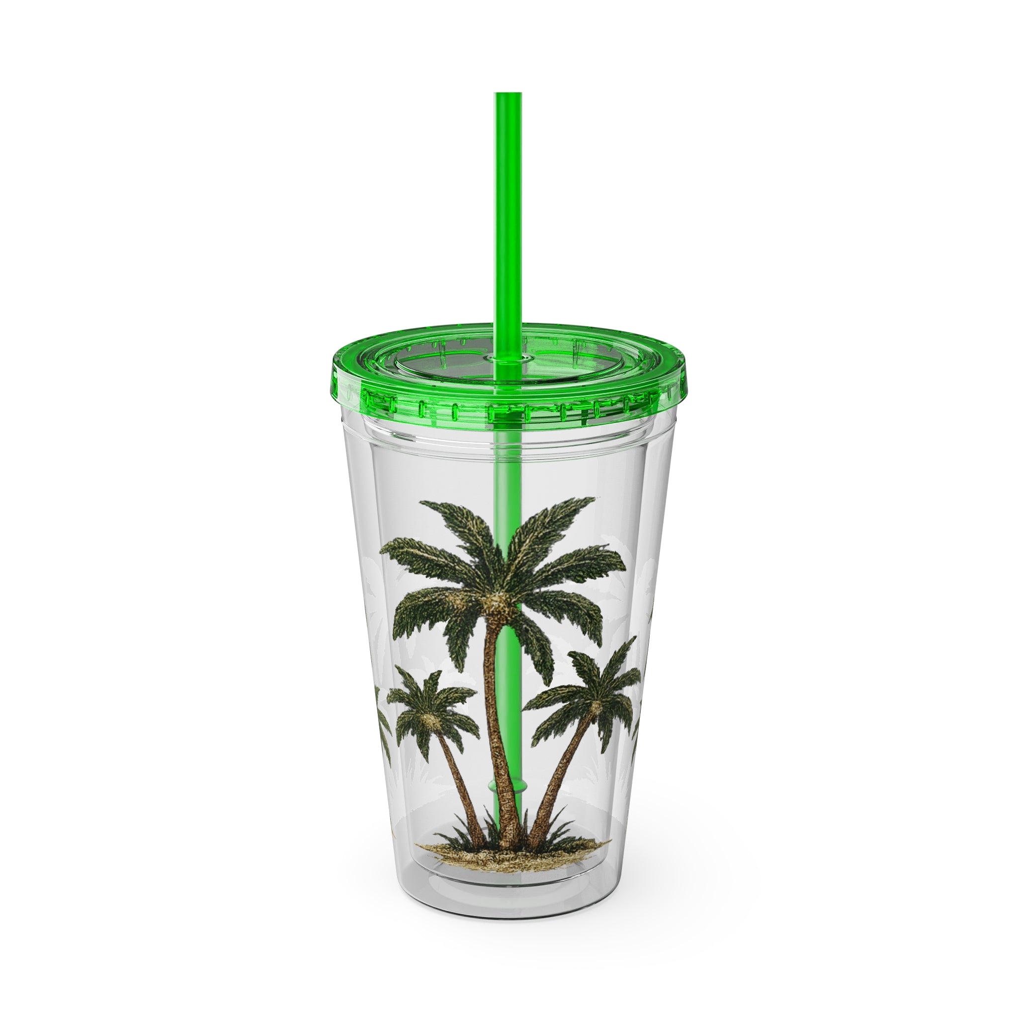 Palm Tree Tumbler — 16oz Clear Travel Cup with Straw, Tropical Sunsplash Design