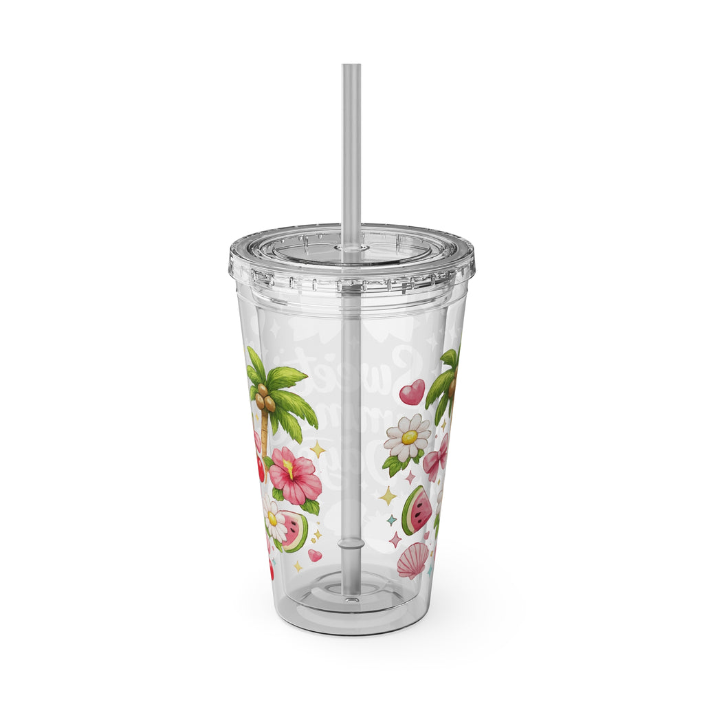 Sweet Summer Days Tumbler — 16oz Clear Straw Cup with Tropical Fruits & Bow Design