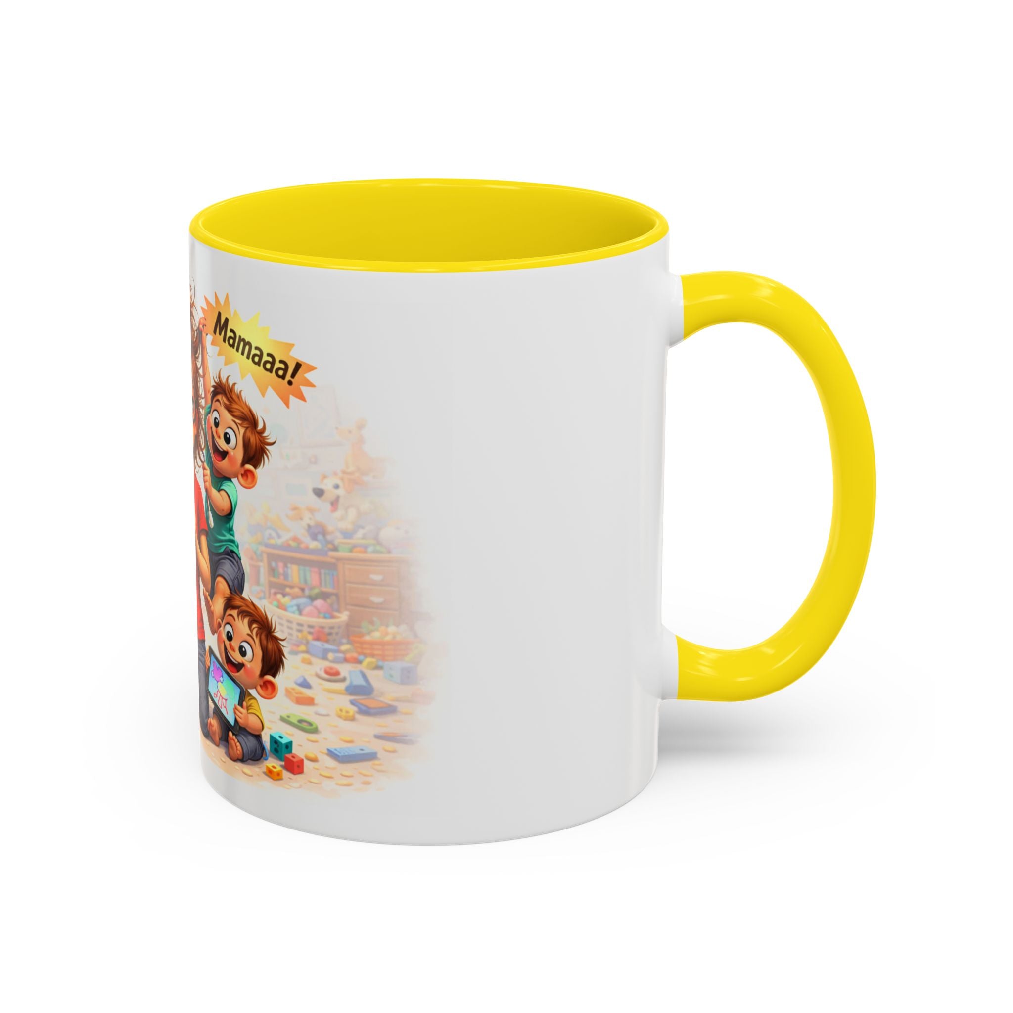 Coffee Mug – Funny Tired Mom Cartoon with Arabic “Mamaaa!” Designاهرب على فين