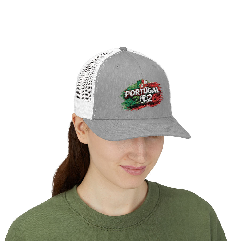 Portugal 2026 Soccer Snapback Trucker Cap – Vintage Flag Brushstroke Design