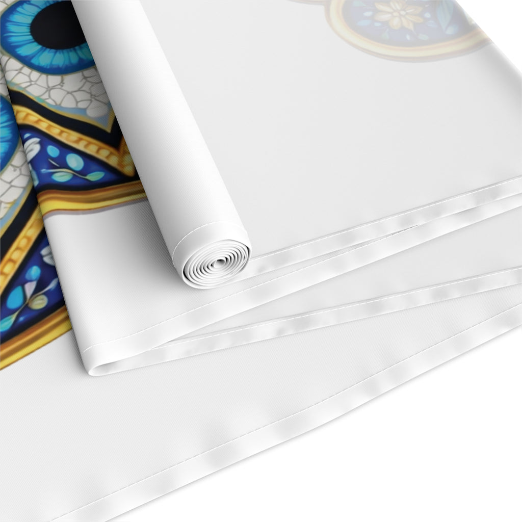 Hamsa Eye Table Runner — Blue Protective Hand Print Cotton-Poly Dining Decor