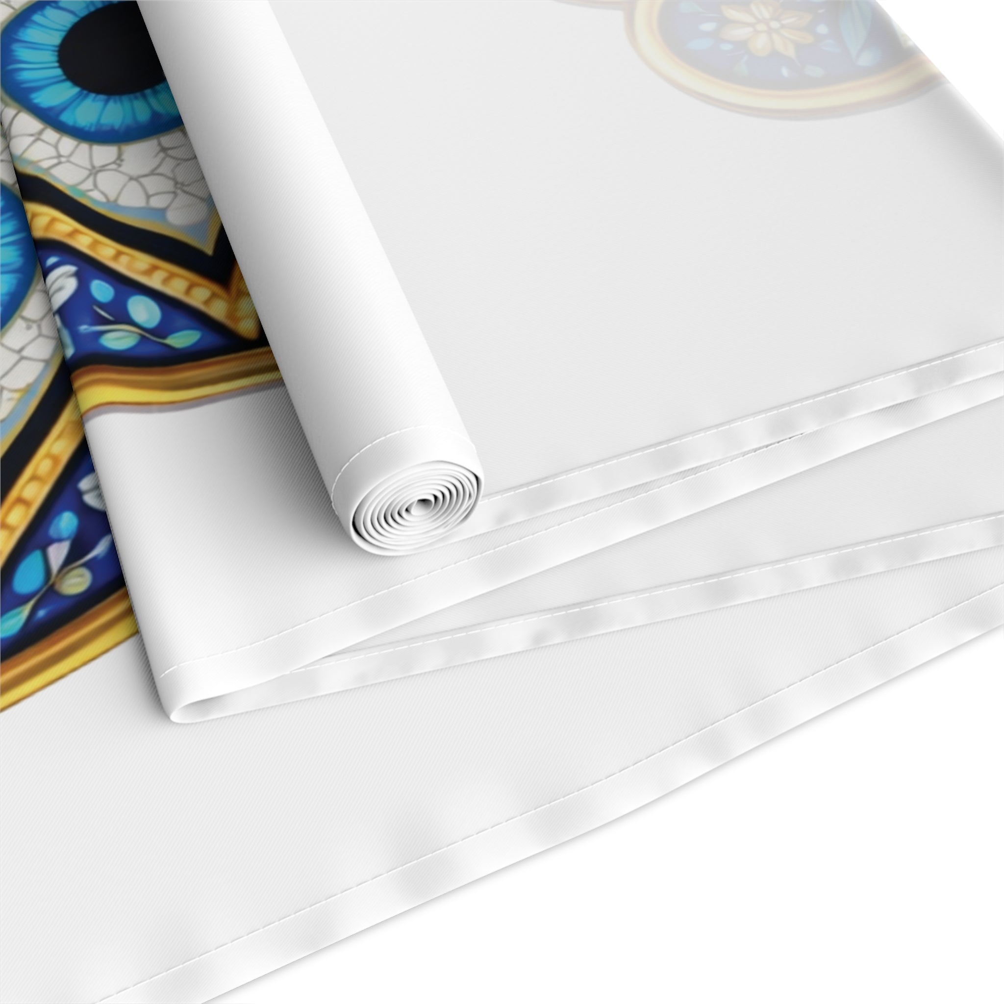 Hamsa Eye Table Runner — Blue Protective Hand Print Cotton-Poly Dining Decor