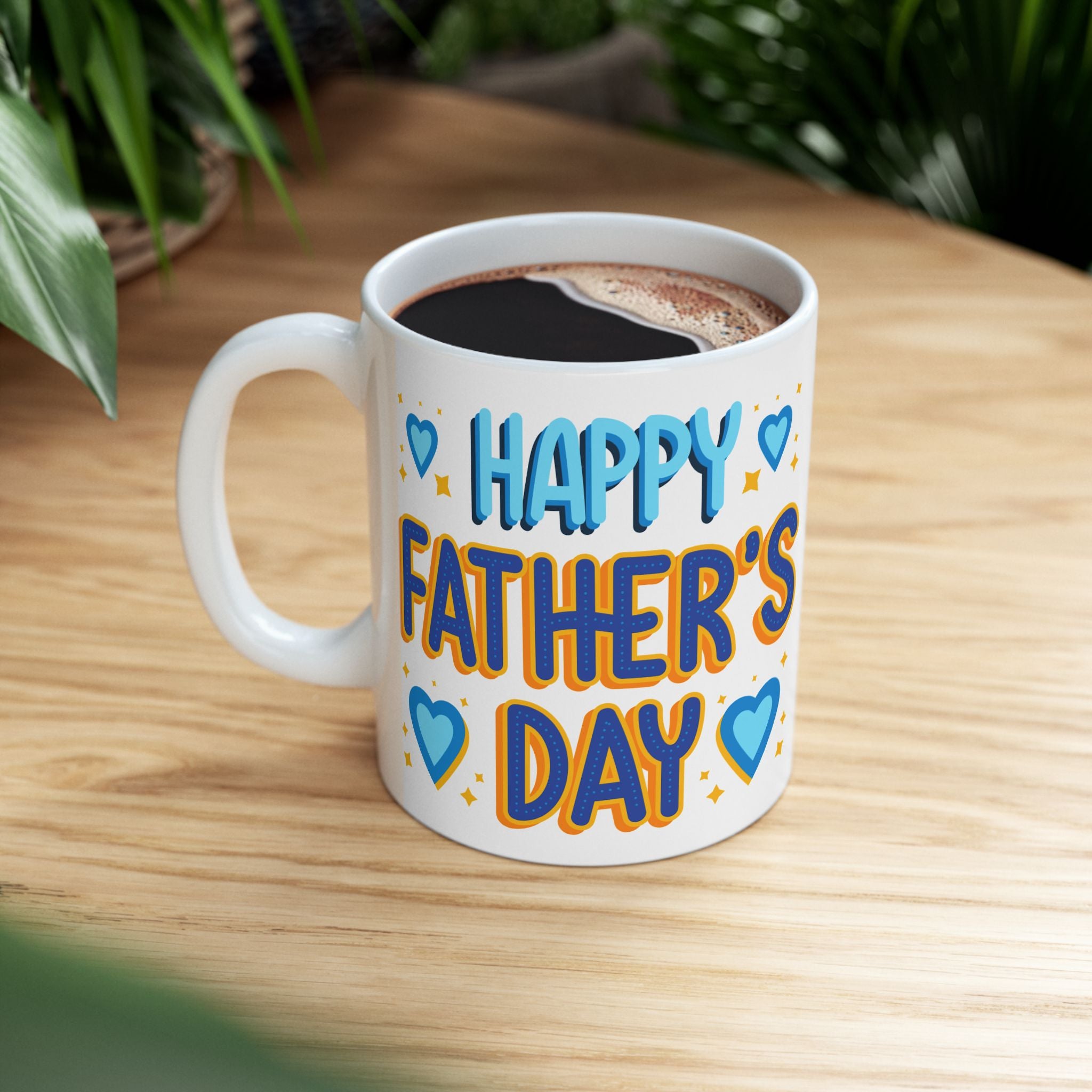 Father's Day Ceramic Mug – "Happy Father's Day" Blue Hearts Coffee Cup (11oz)
