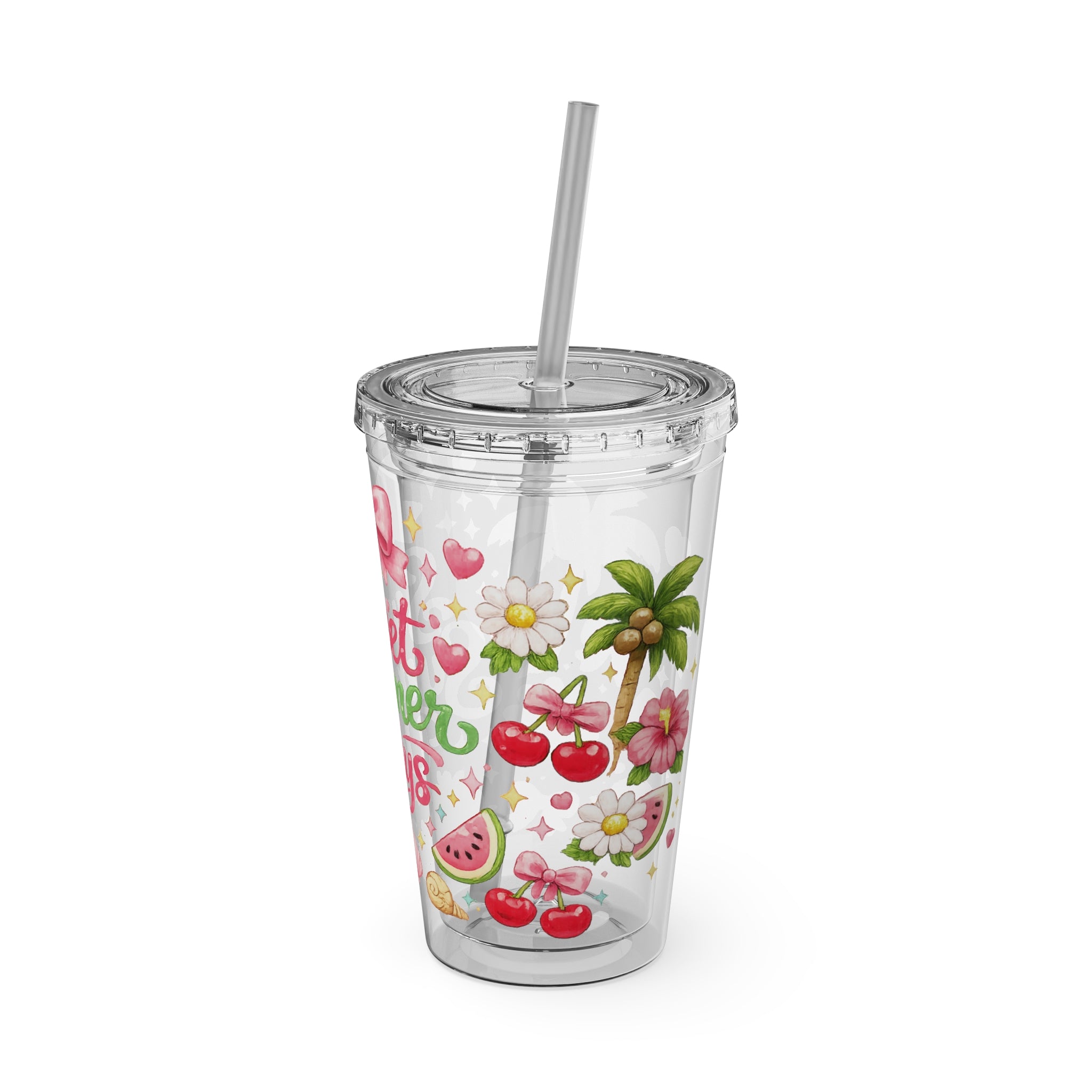 Sweet Summer Days Tumbler — 16oz Clear Straw Cup with Tropical Fruits & Bow Design