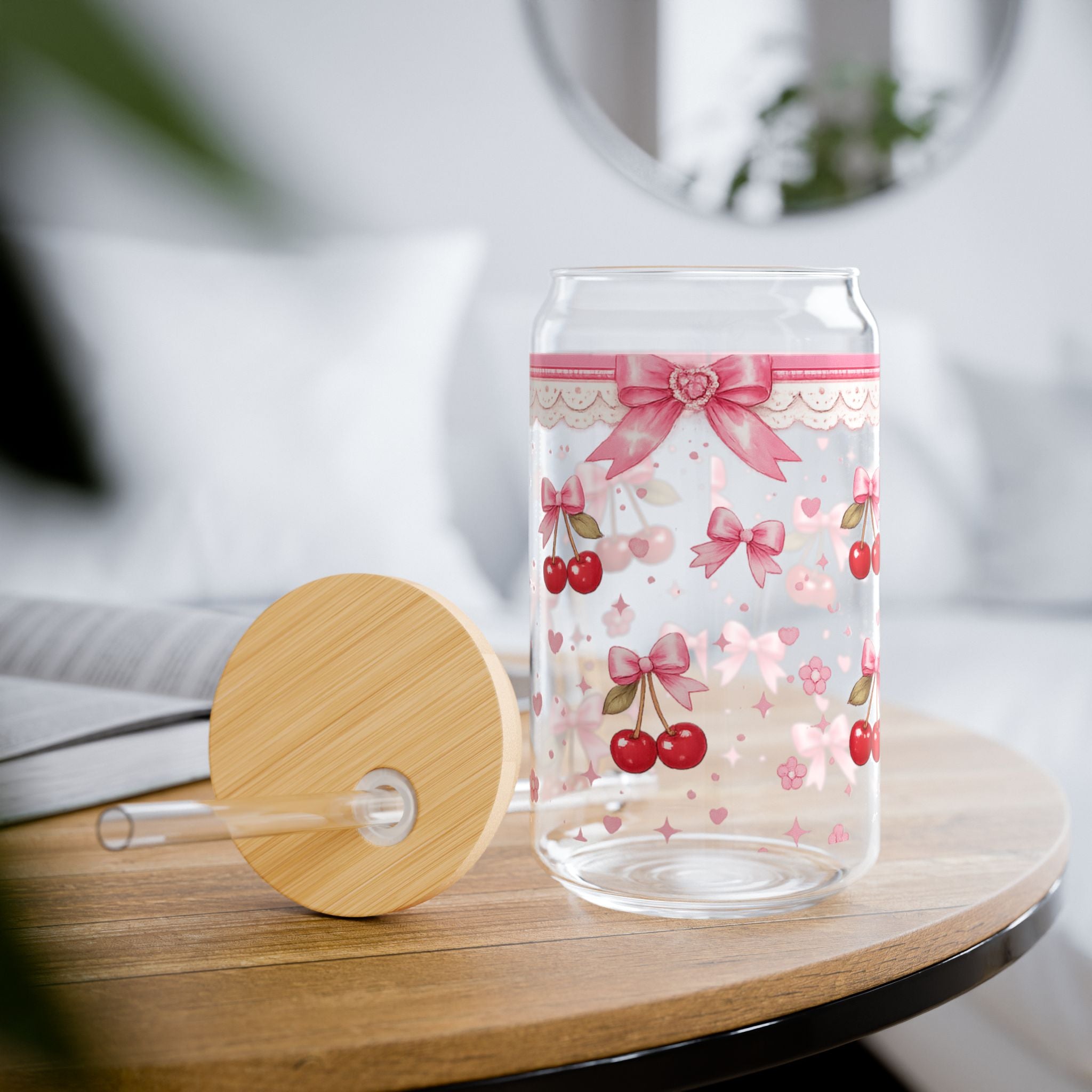 16oz Cherry Bow Sipper Glass - Cute Pink Ribbon Mason Tumbler with Straw