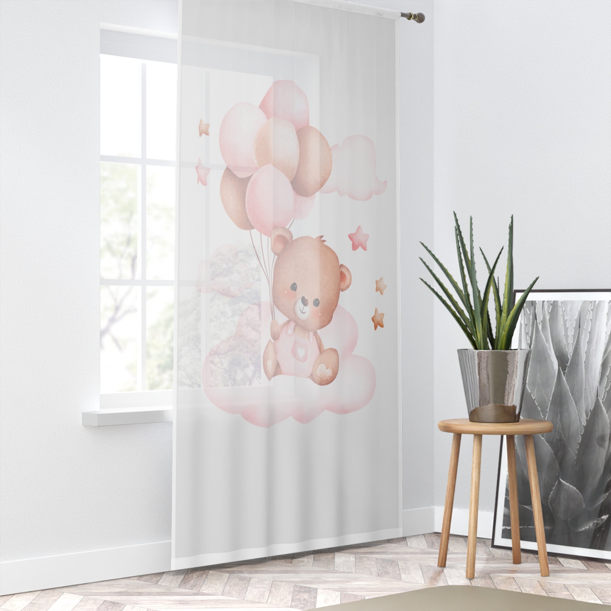 Nursery Curtain — Soft Pink Teddy Bear with Balloons Window Curtain