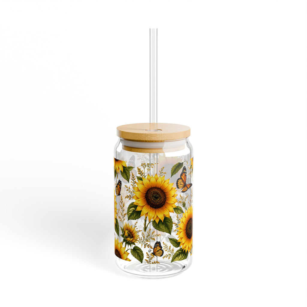 Sunflower & Butterfly Sipper Glass — 16oz Reusable Straw Tumbler