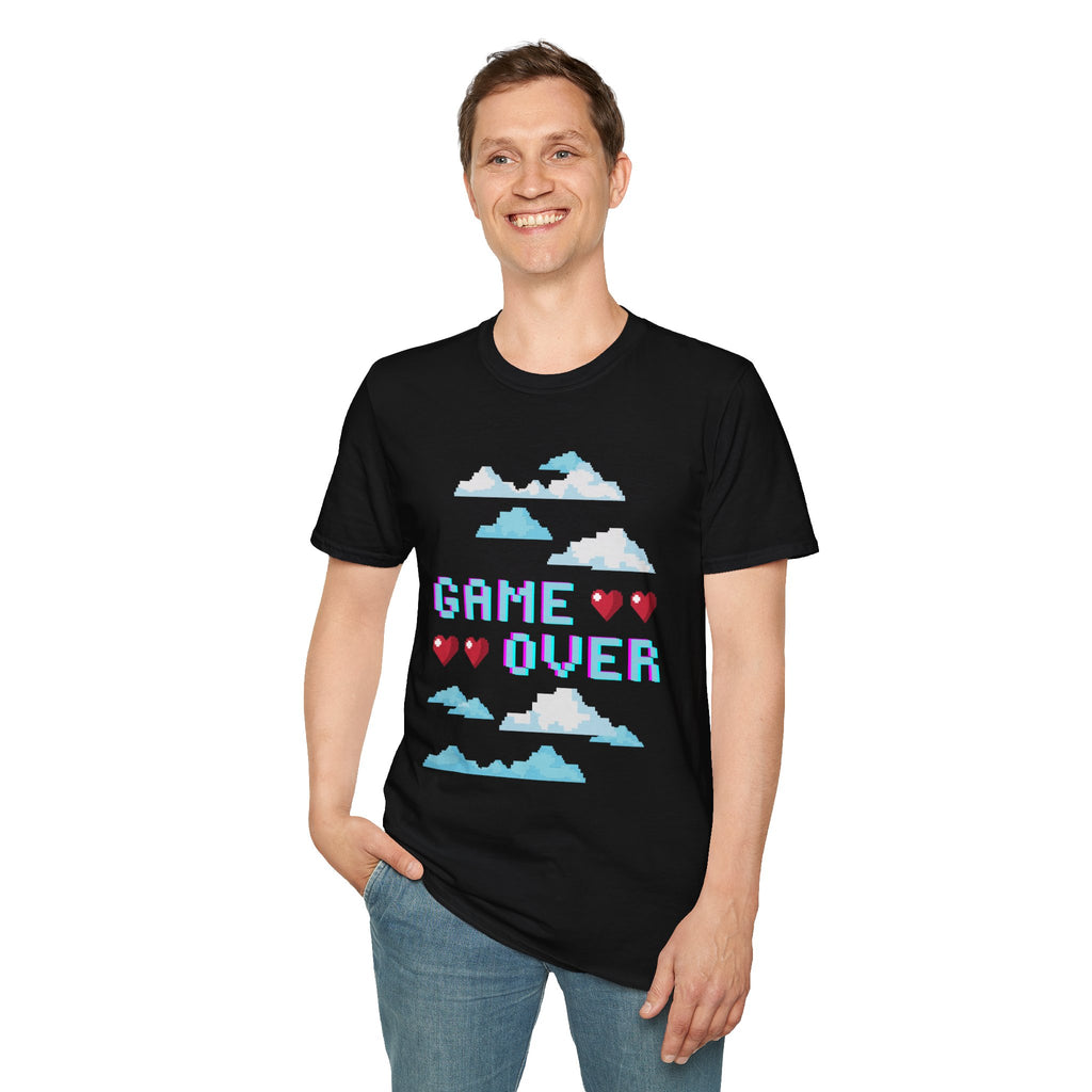 Game Over Pixel Clouds T-Shirt — Retro Gamer Tee with Hearts