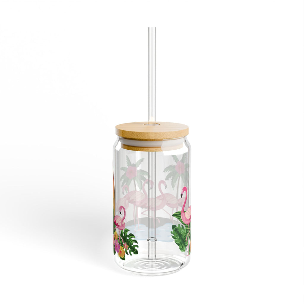 Flamingo Beach Sipper Glass — 16oz Tropical Drink Jar with Straw