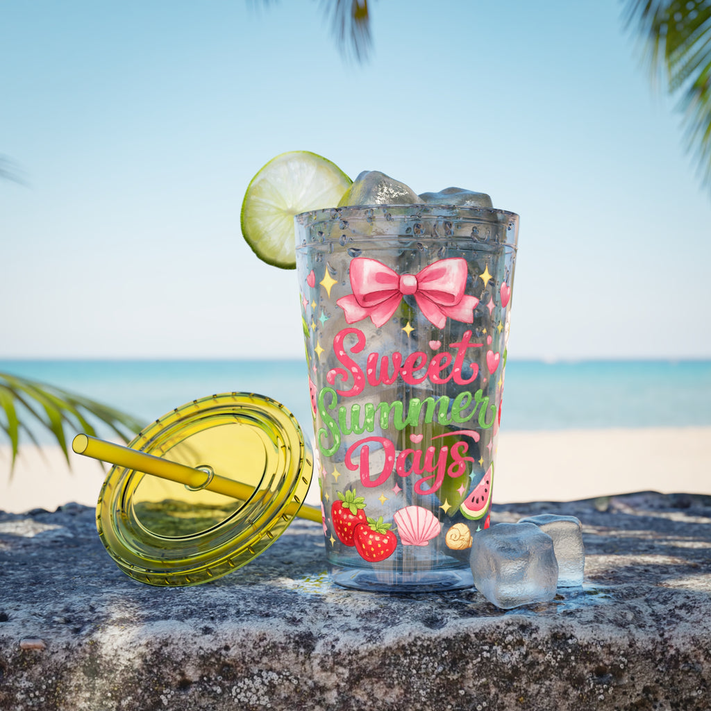 Sweet Summer Days Tumbler — 16oz Clear Straw Cup with Tropical Fruits & Bow Design