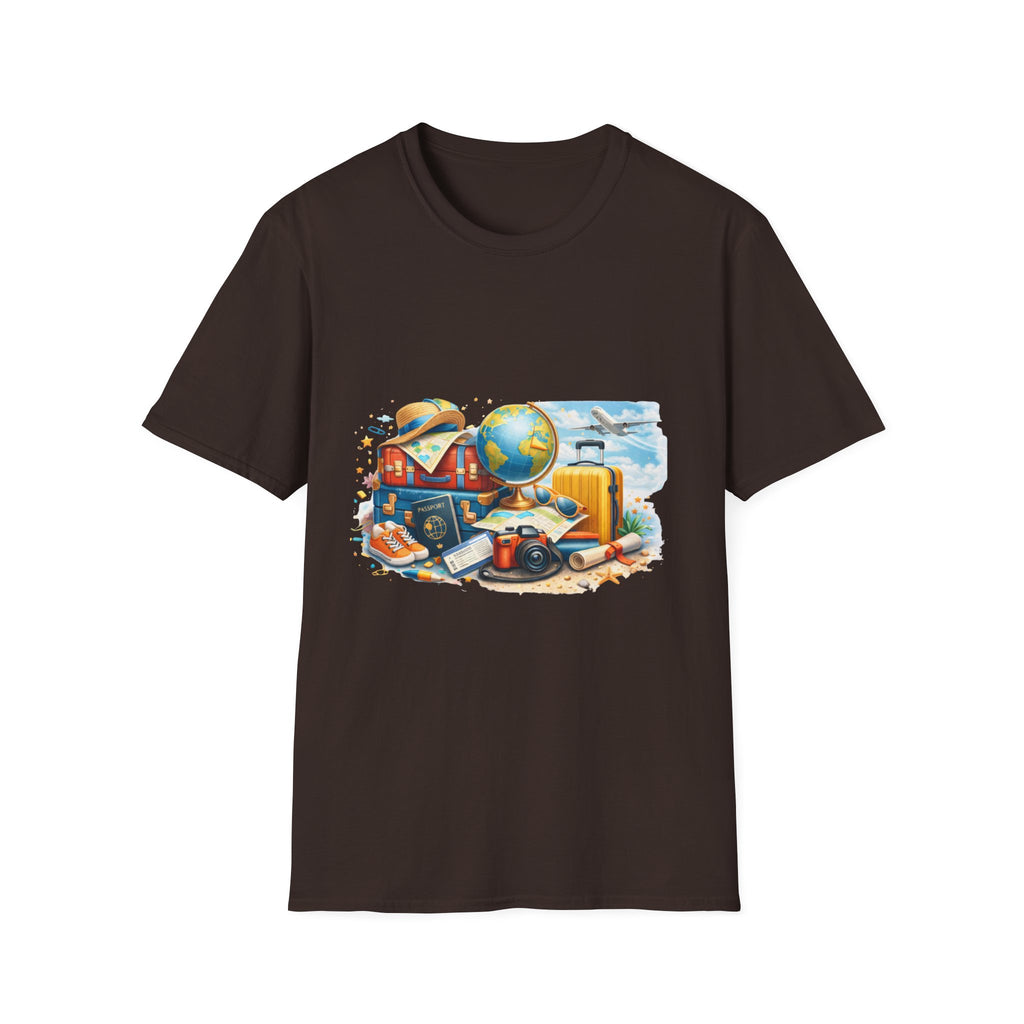 Travel Vibes T-Shirt — Retro Luggage, Globe & Camera Design