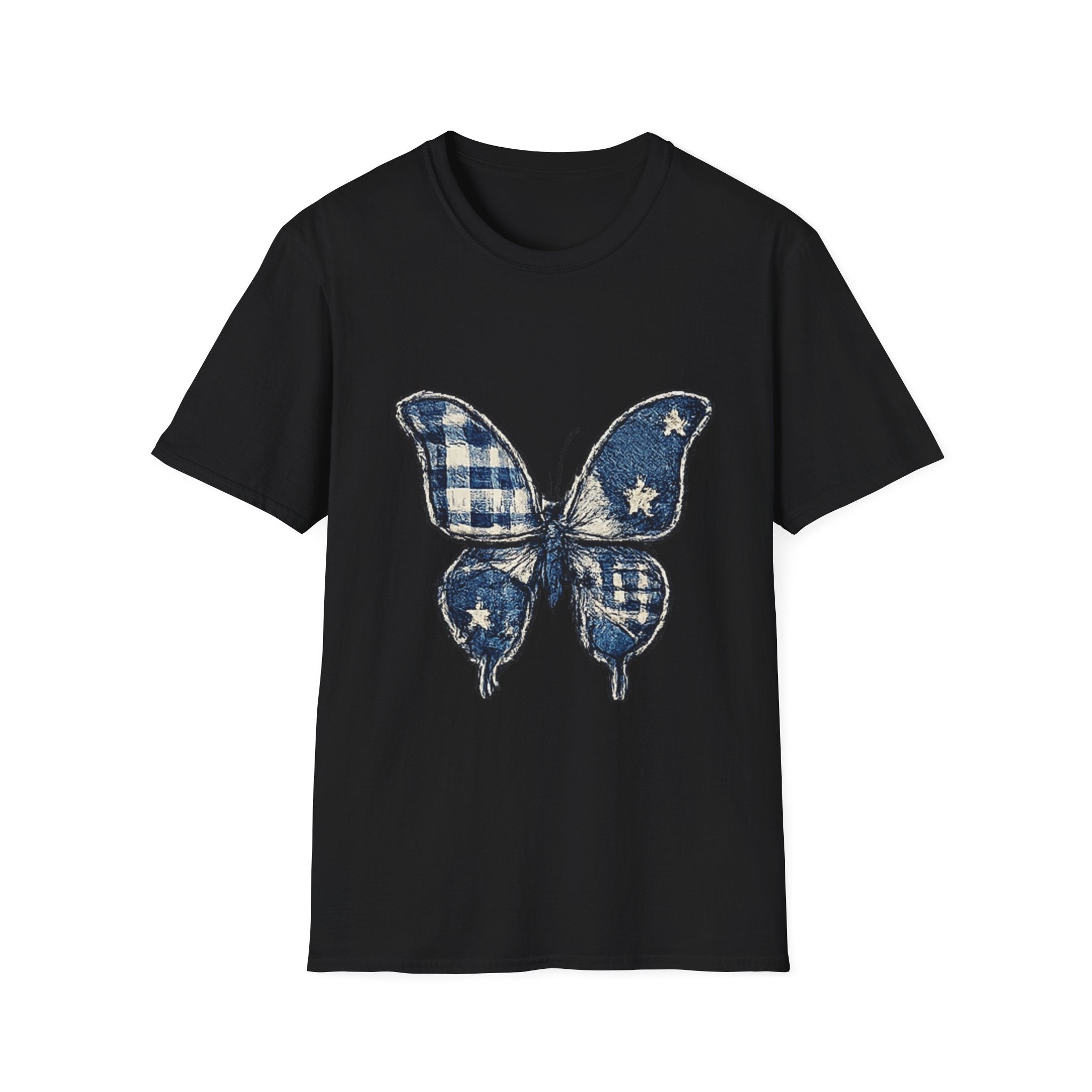 Butterfly Tee — Blue Plaid & Stars Graphic T-Shirt
