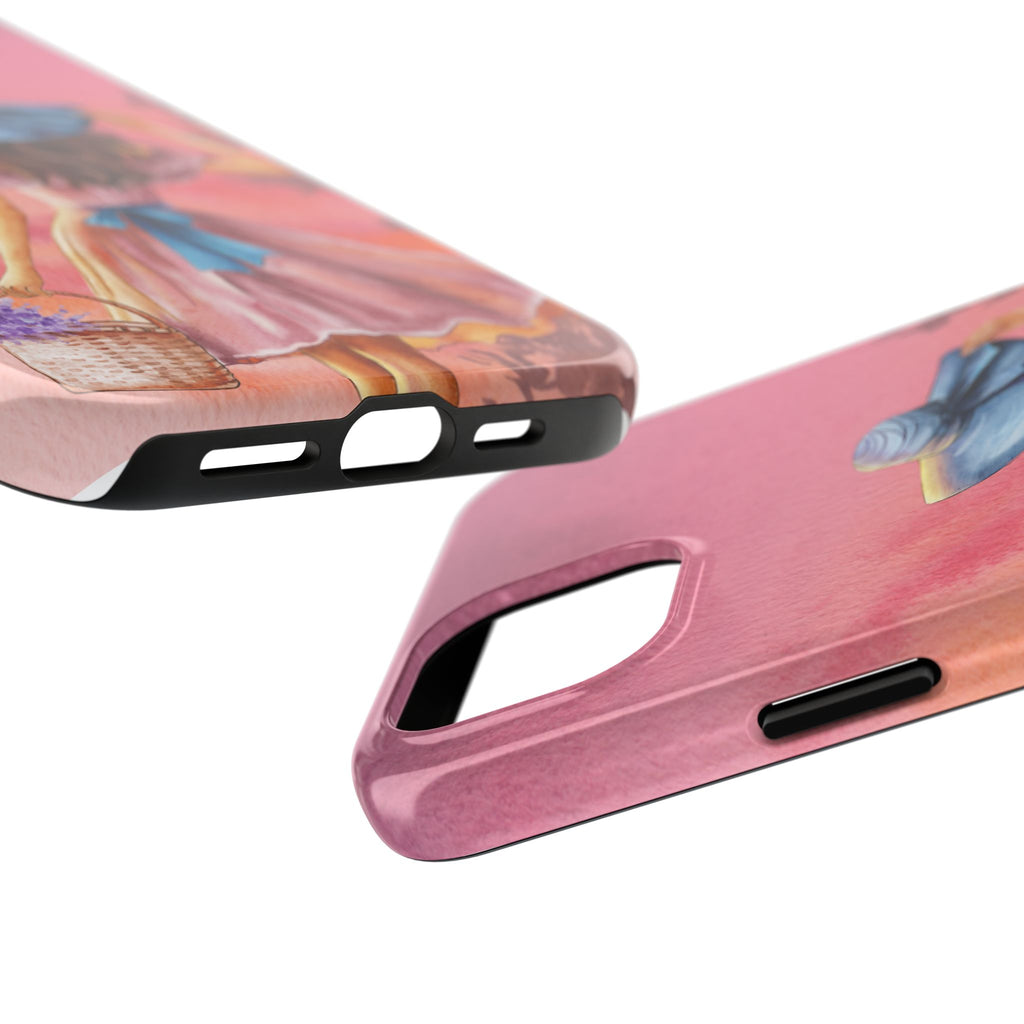 Pastel Picnic Girl Phone Case — Protective Tough Phone Case with Watercolor Sunset Design
