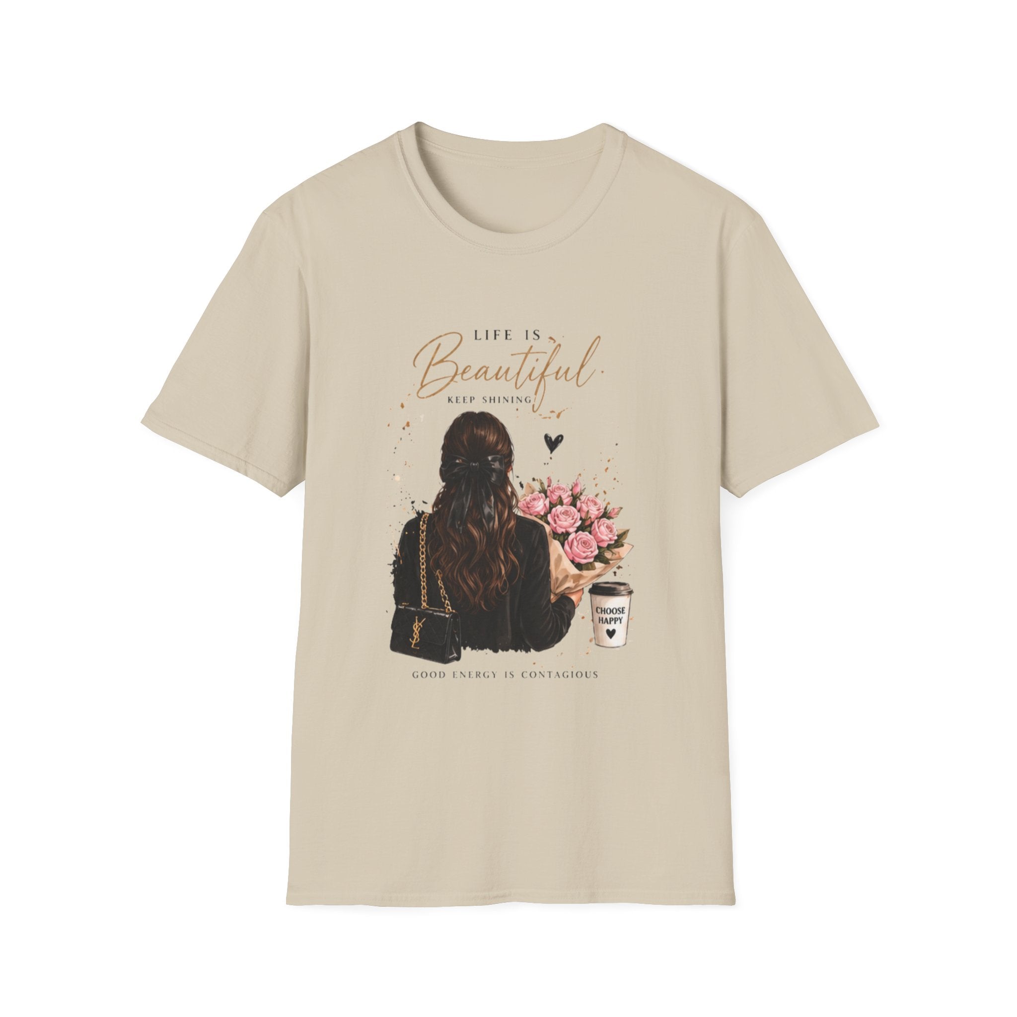 Life Is Beautiful Tee — Woman with Flowers Graphic T-Shirt