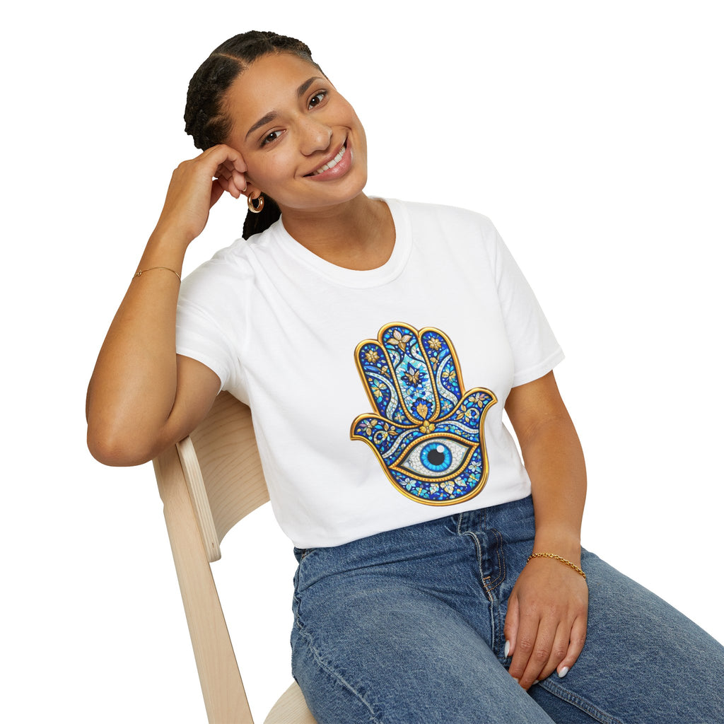 Hamsa Hand T-Shirt with Evil Eye – Blue Mosaic Protection Tee